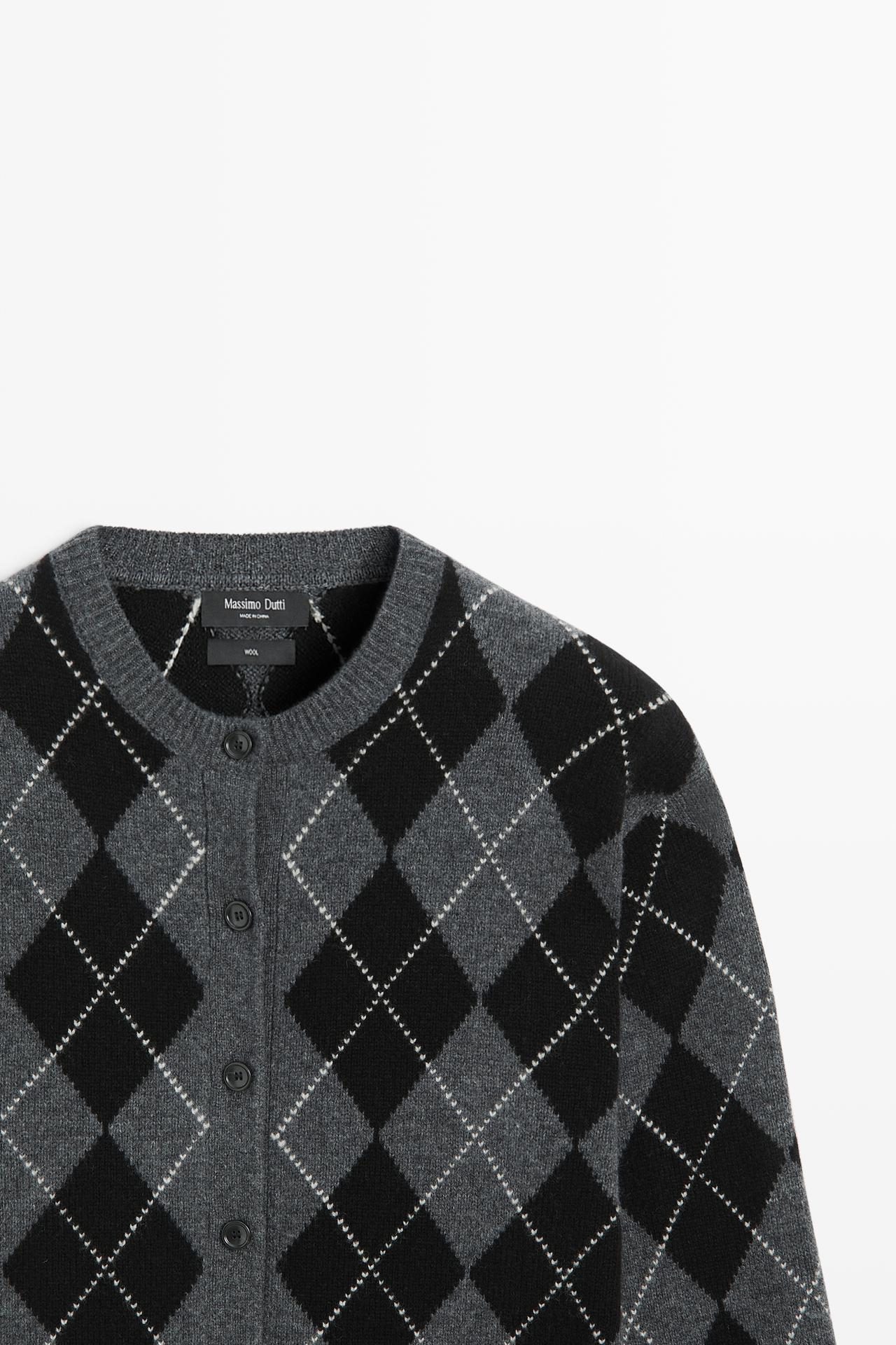 100% wool argyle knit cardigan — DARK GREY