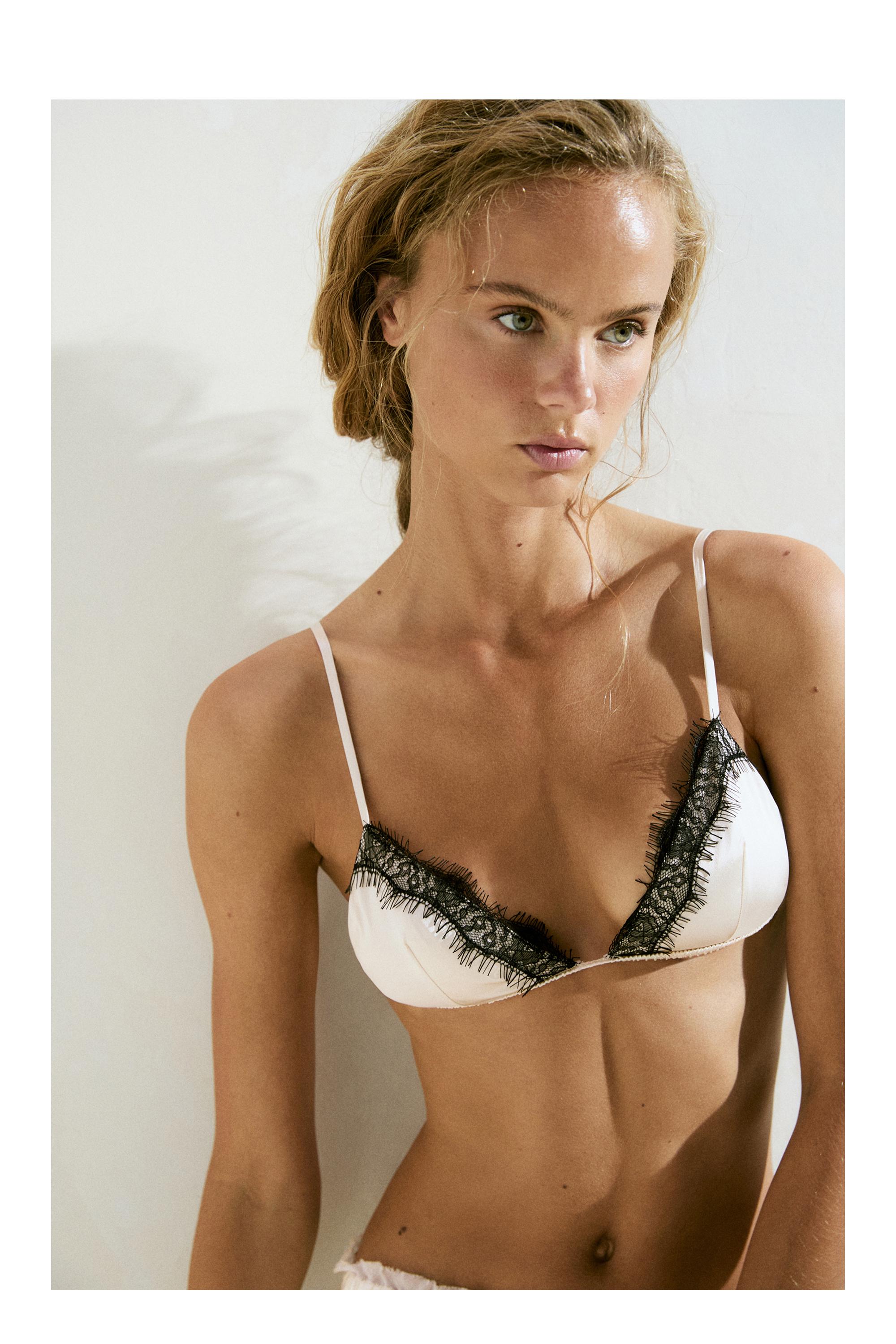 Silk blend lace triangle bra — CREAM