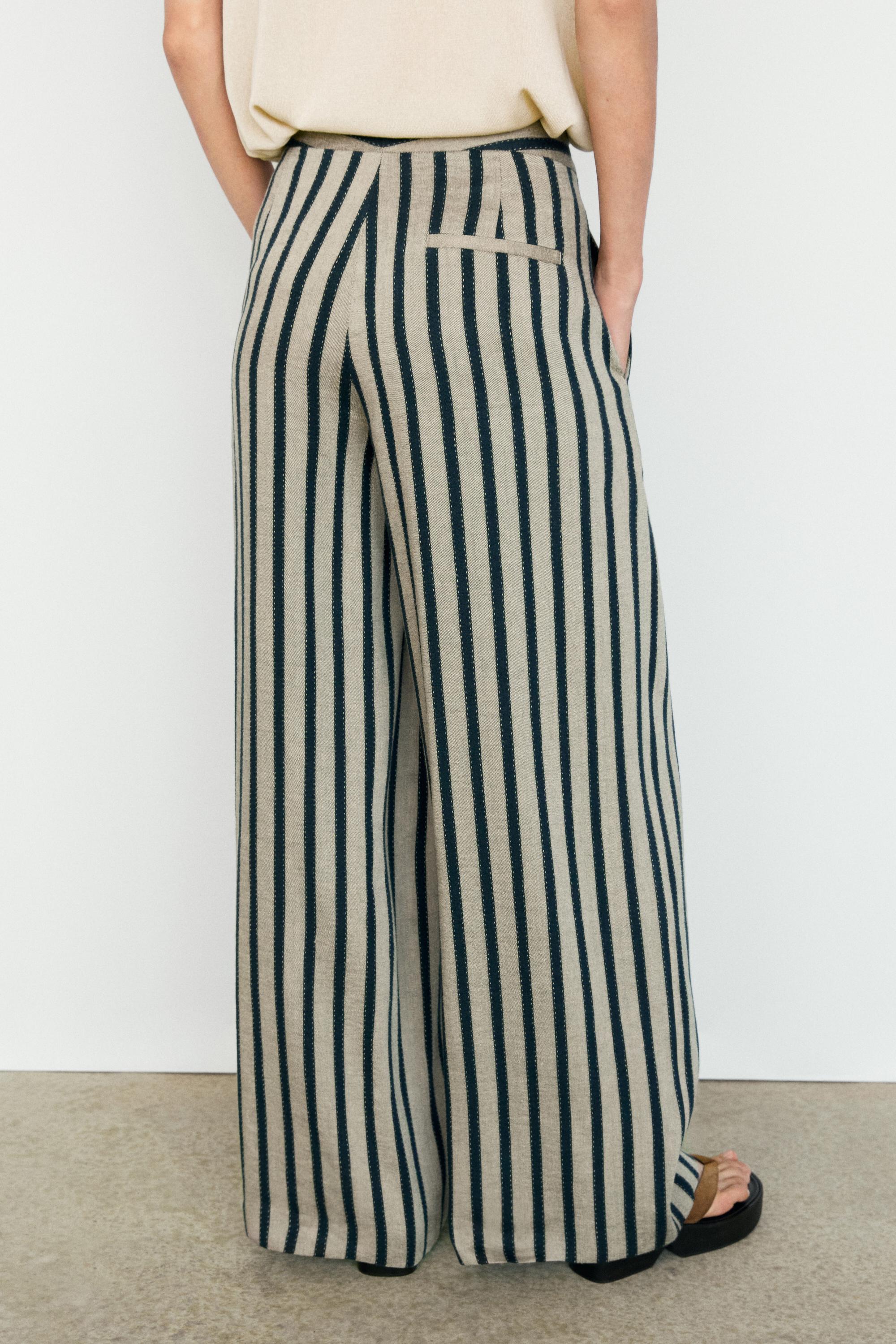 Striped linen blend wide-leg trousers — SAND