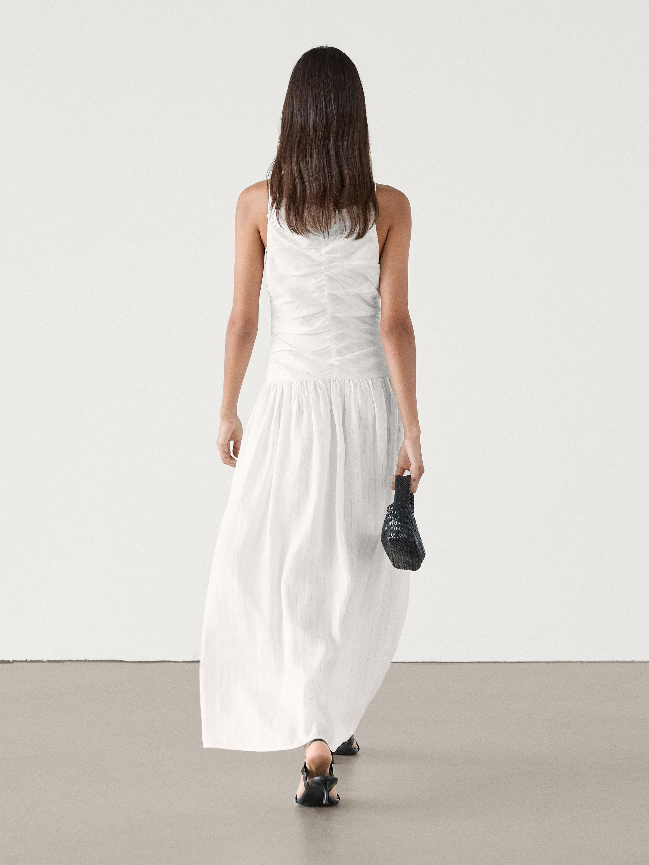 Gathered pinstripe midi dress