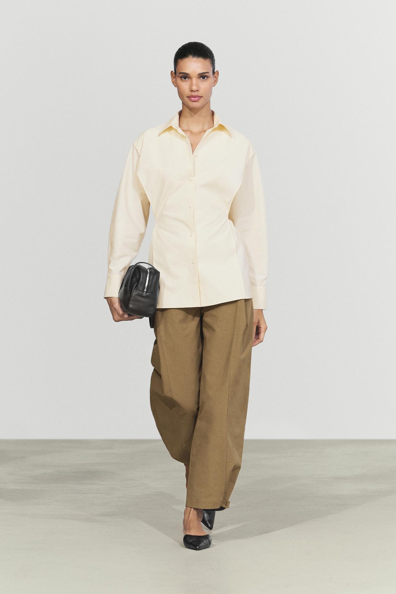 Flowing cotton shirt with belt detail — CREAM
