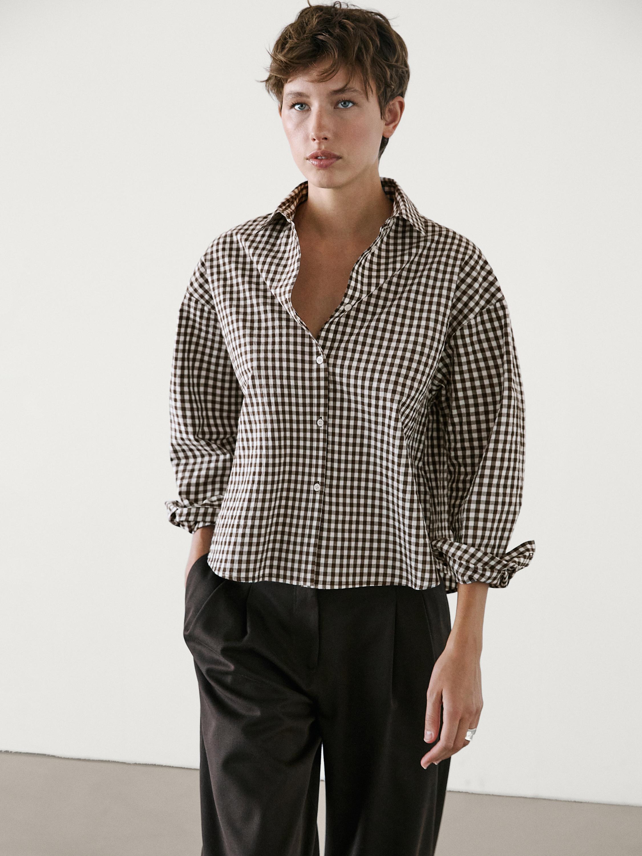 Cotton blend gingham shirt · Brown · Shirts | Massimo Dutti