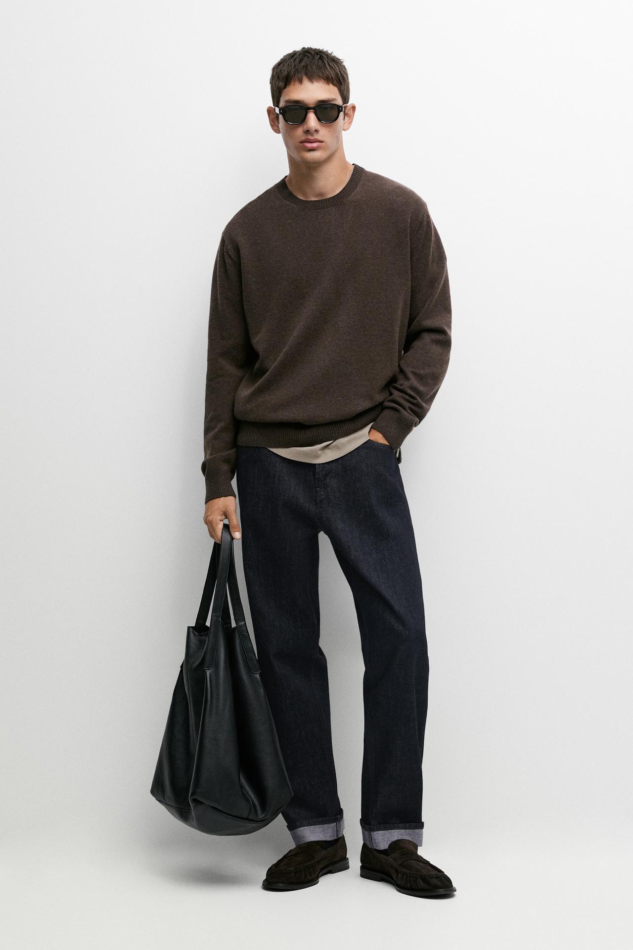 Wool blend round neck knit sweater — Chocolate