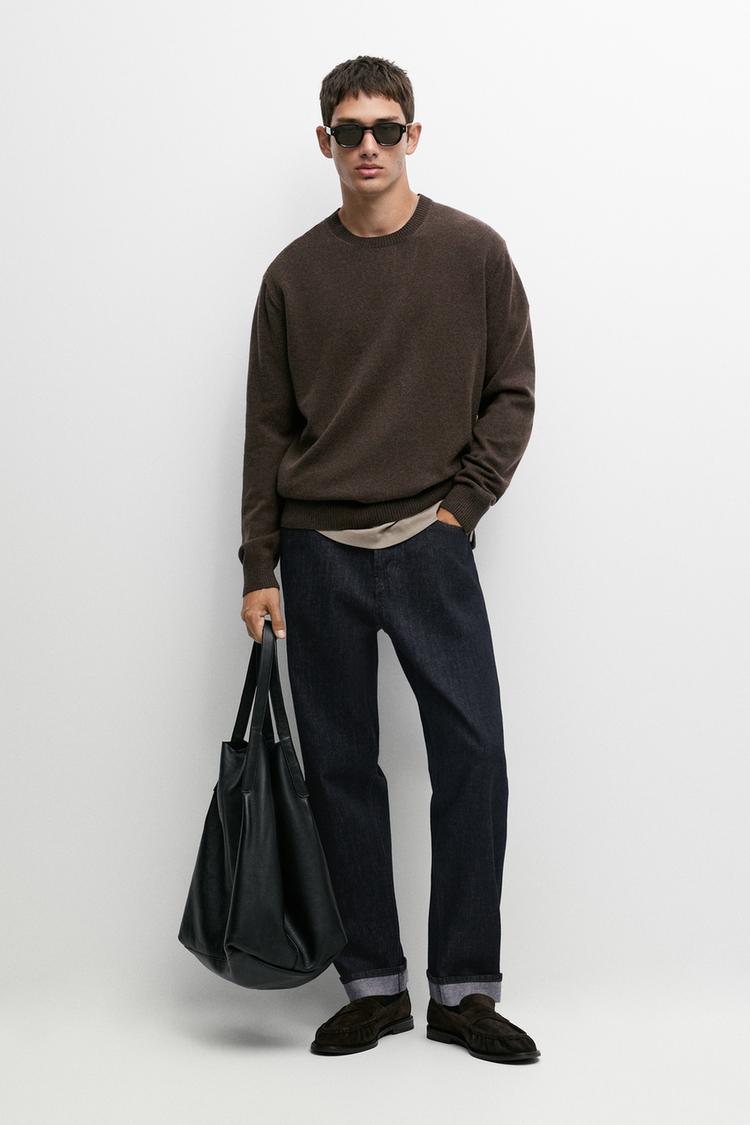 Wool blend round neck knit sweater — Chocolate