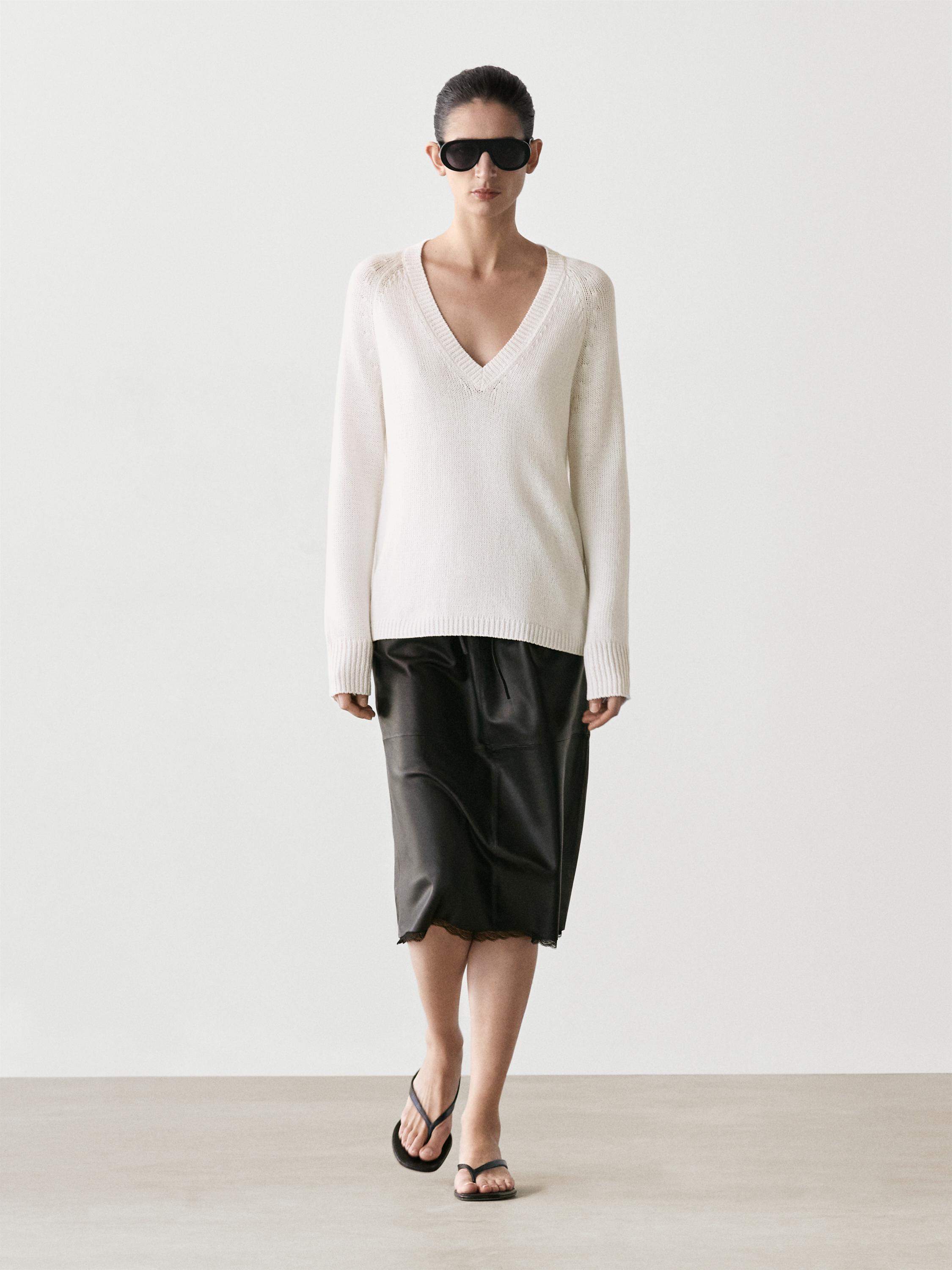 Nappa leather midi skirt with lace detail — BLACK