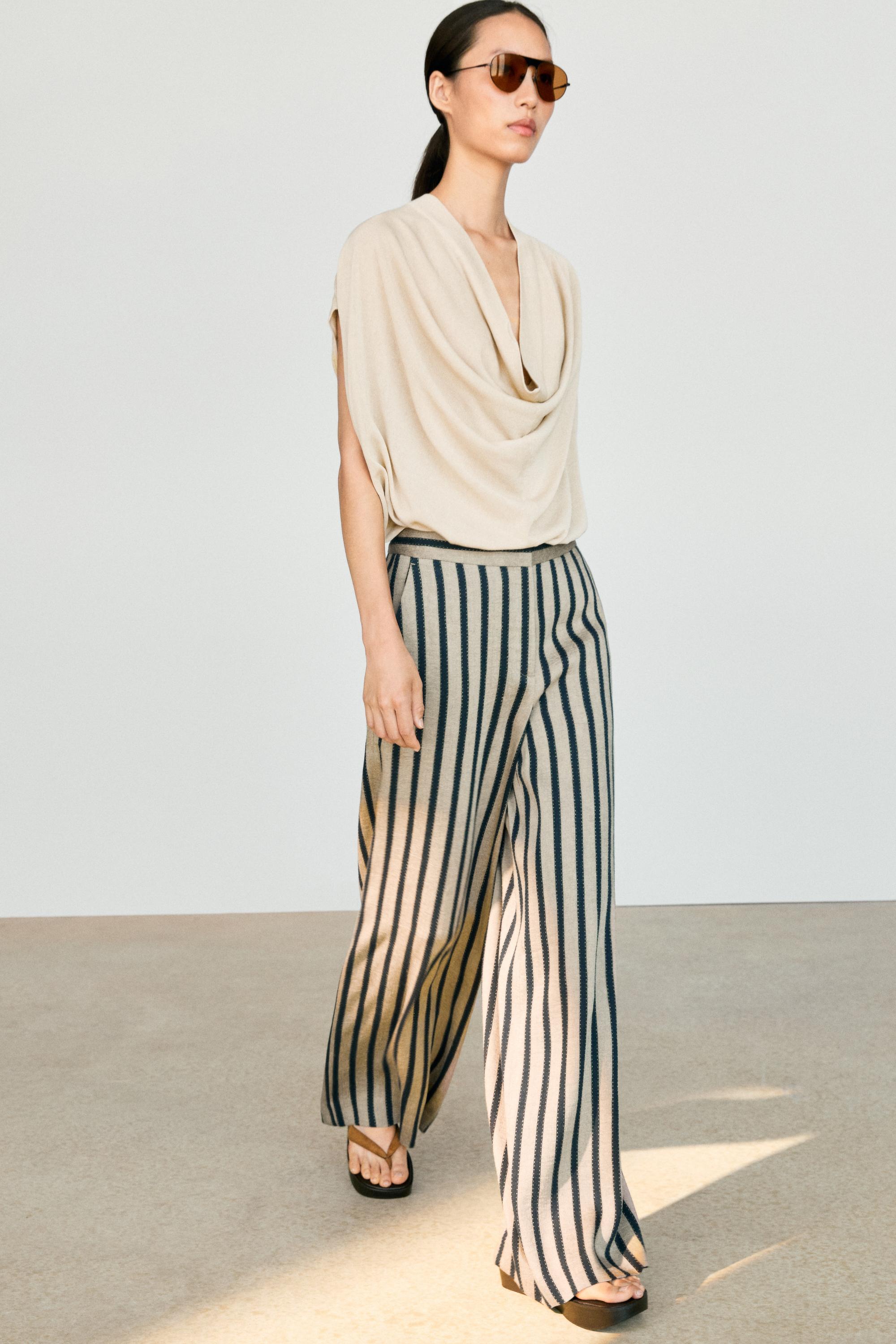 Striped linen blend wide-leg trousers — SAND