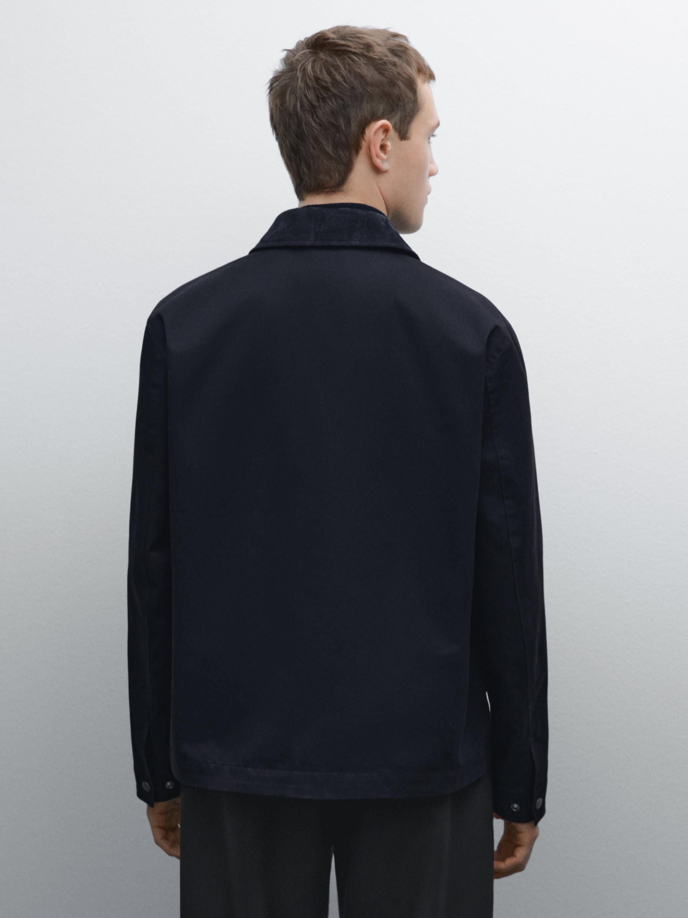 Cotton jacket with leather collar detail