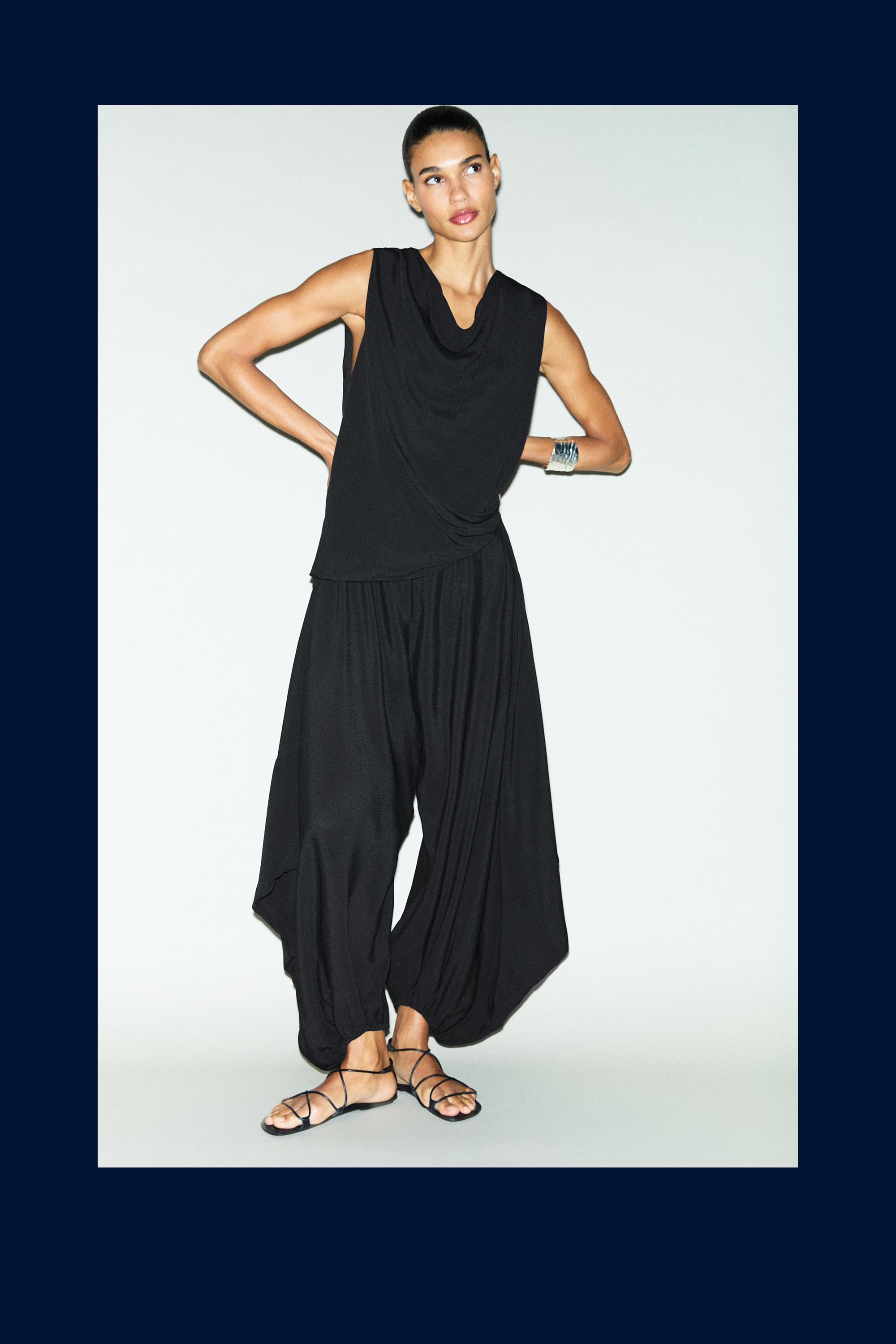 Flowing semi-sheer jumpsuit dress — BLACK