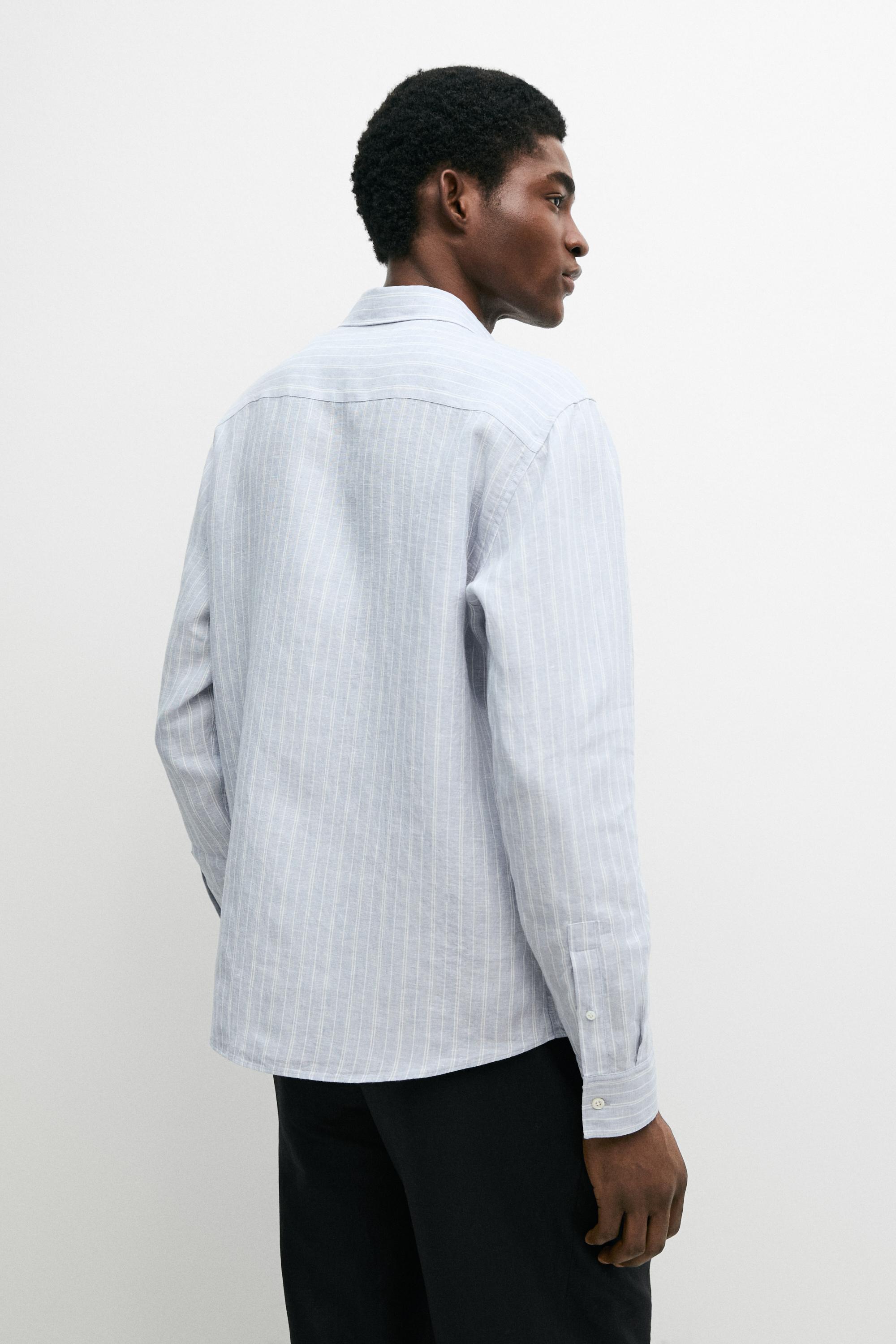 100% linen regular fit faded striped shirt — BLUE
