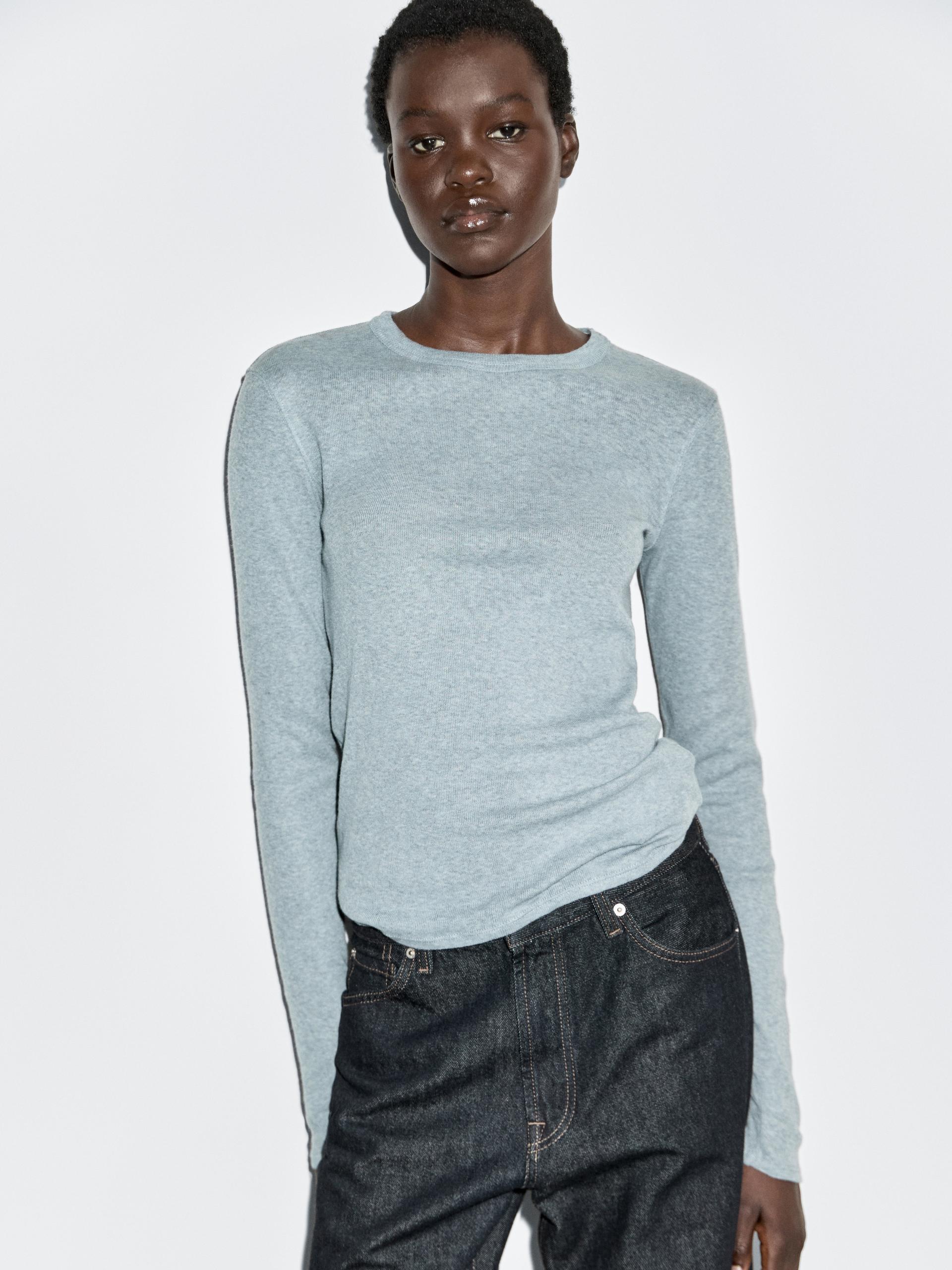 Maglietta A Maniche Lunghe In Misto Cotone - Celeste - Xl - Massimo Dutti - Femminile