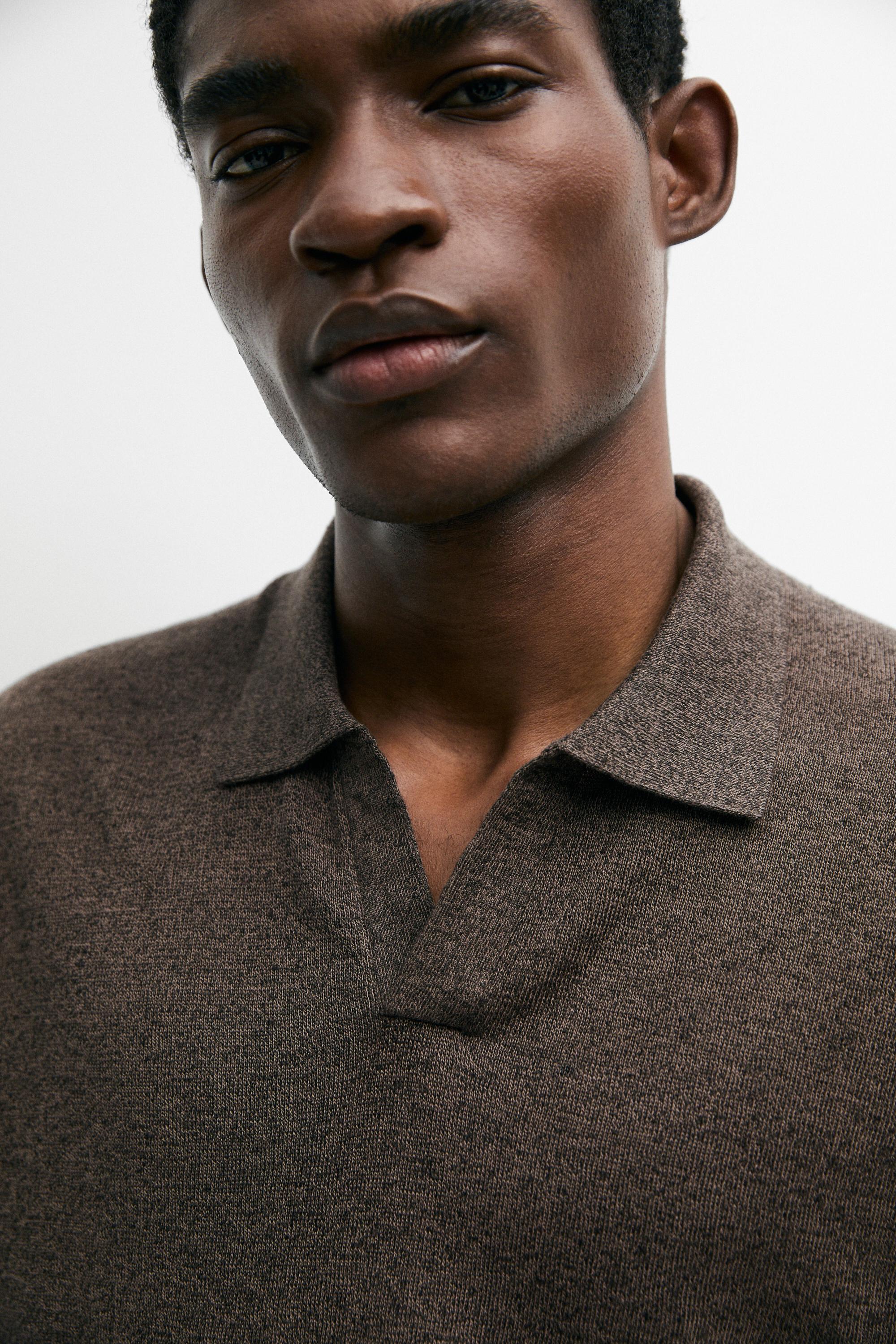 Linen blend V-neck polo shirt — BROWN