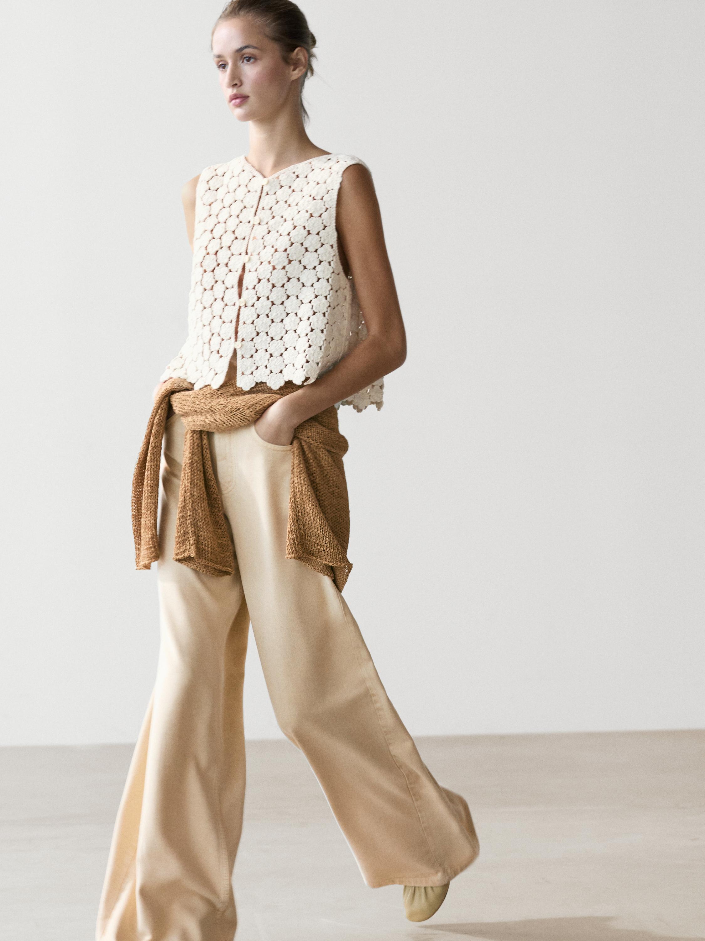 Cotton crochet vest with floral details — CREAM