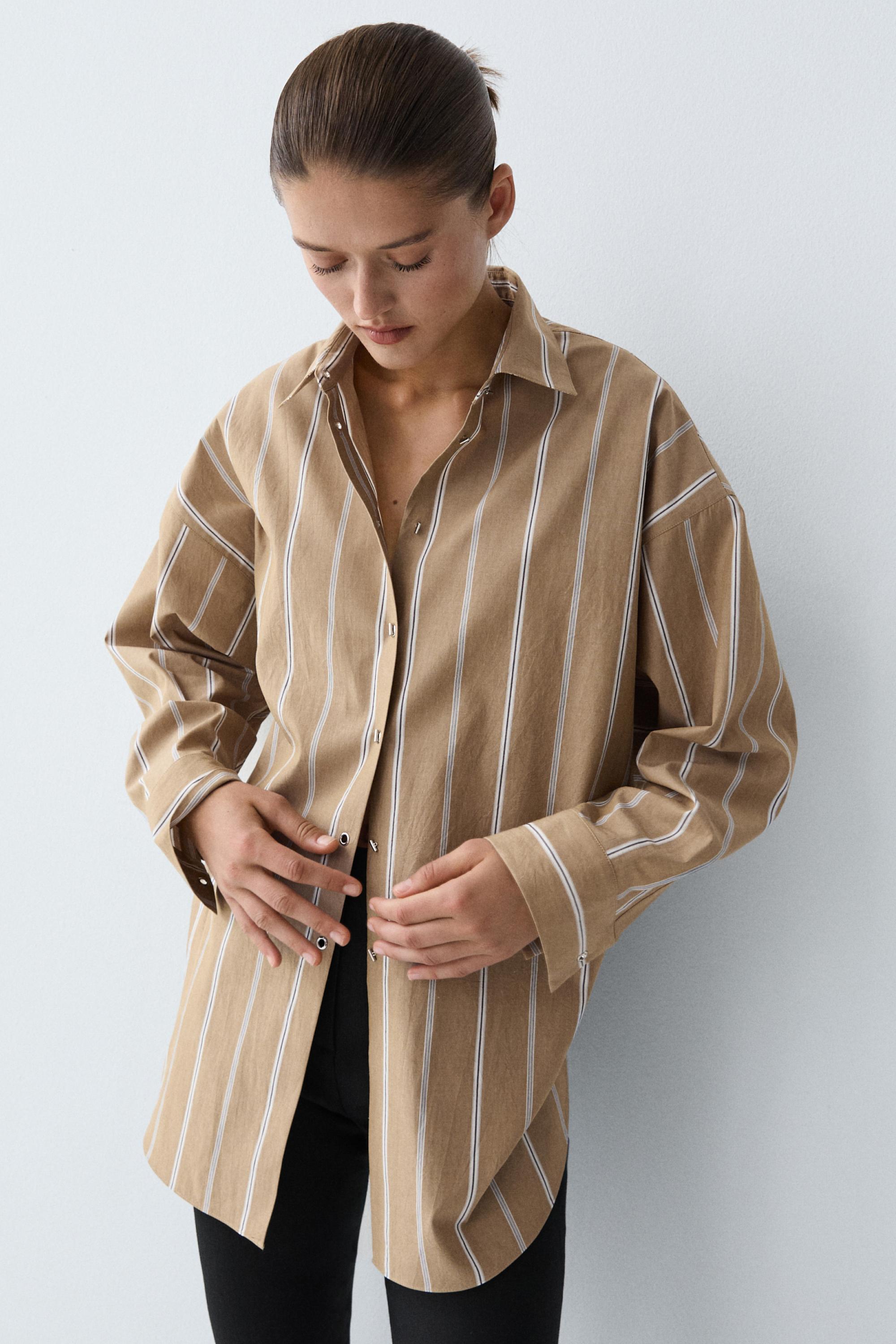 Striped shirt with button detail — BROWN