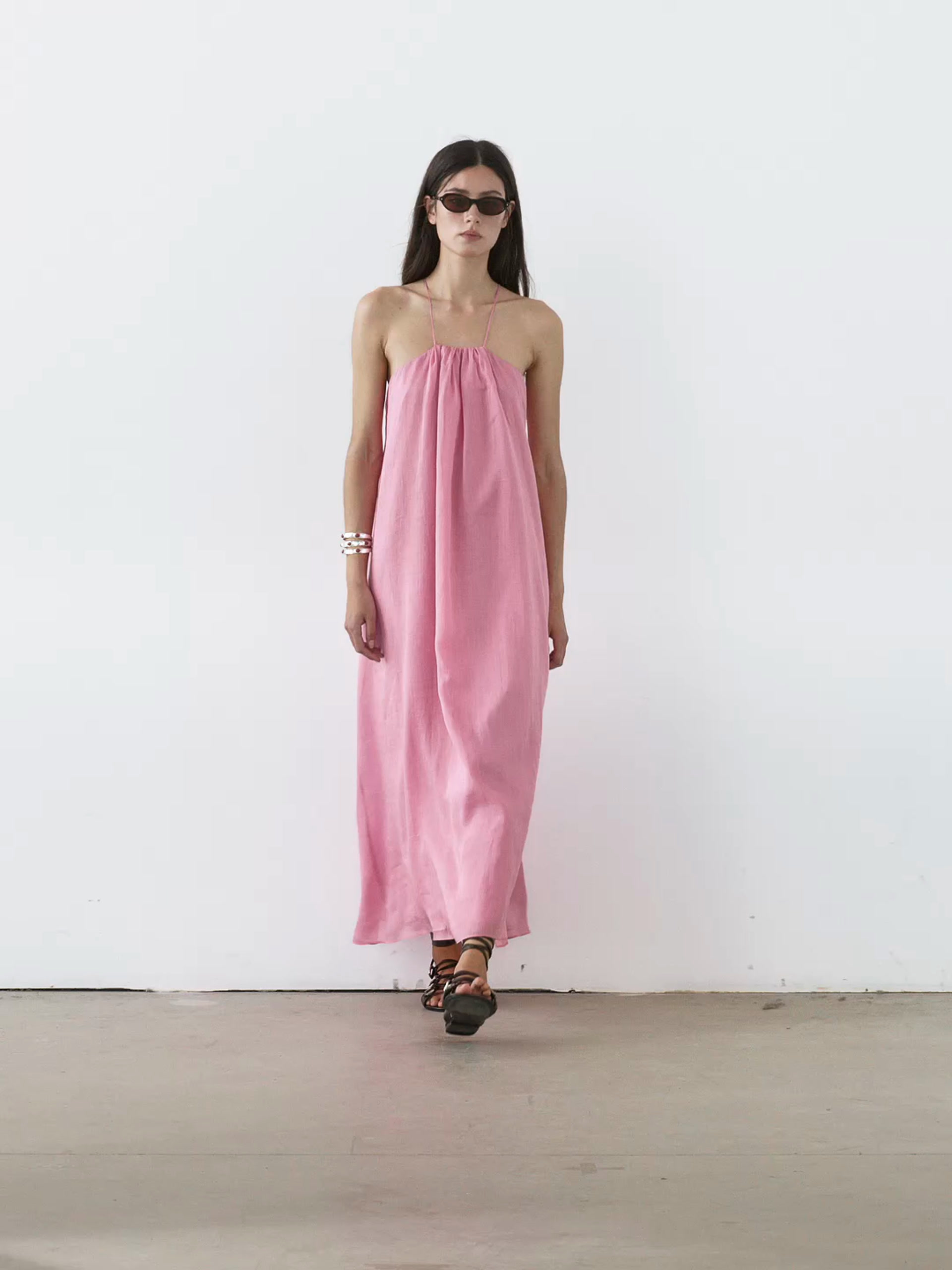 Long gathered halter neck dress