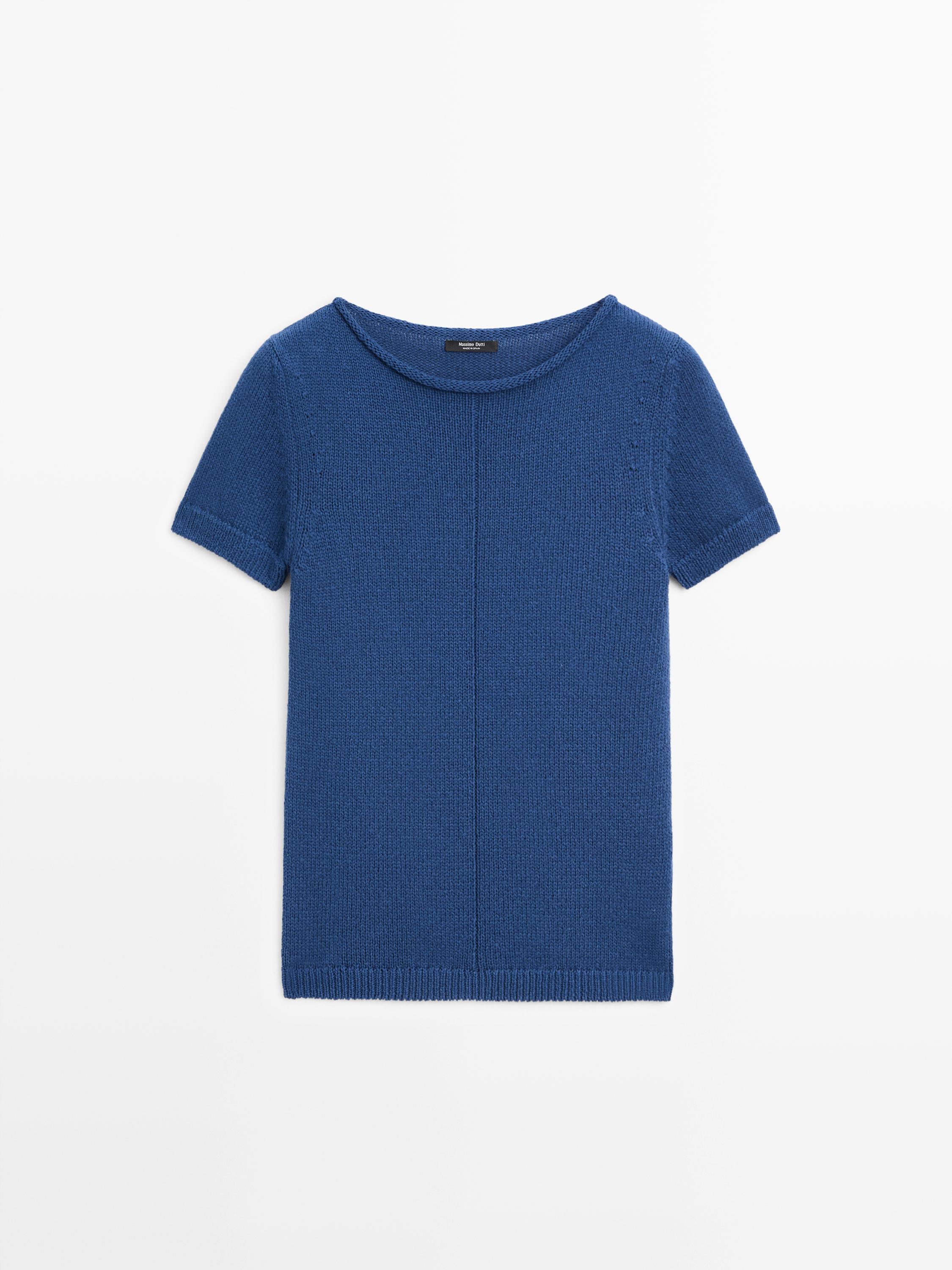 Short sleeve knit cotton blend sweater — DEEP BLUE