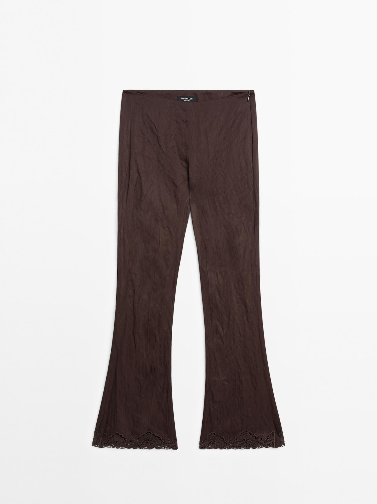 Massimo Dutti - Dame - Capribukser Med Blondedetalje - Granatrød - 38