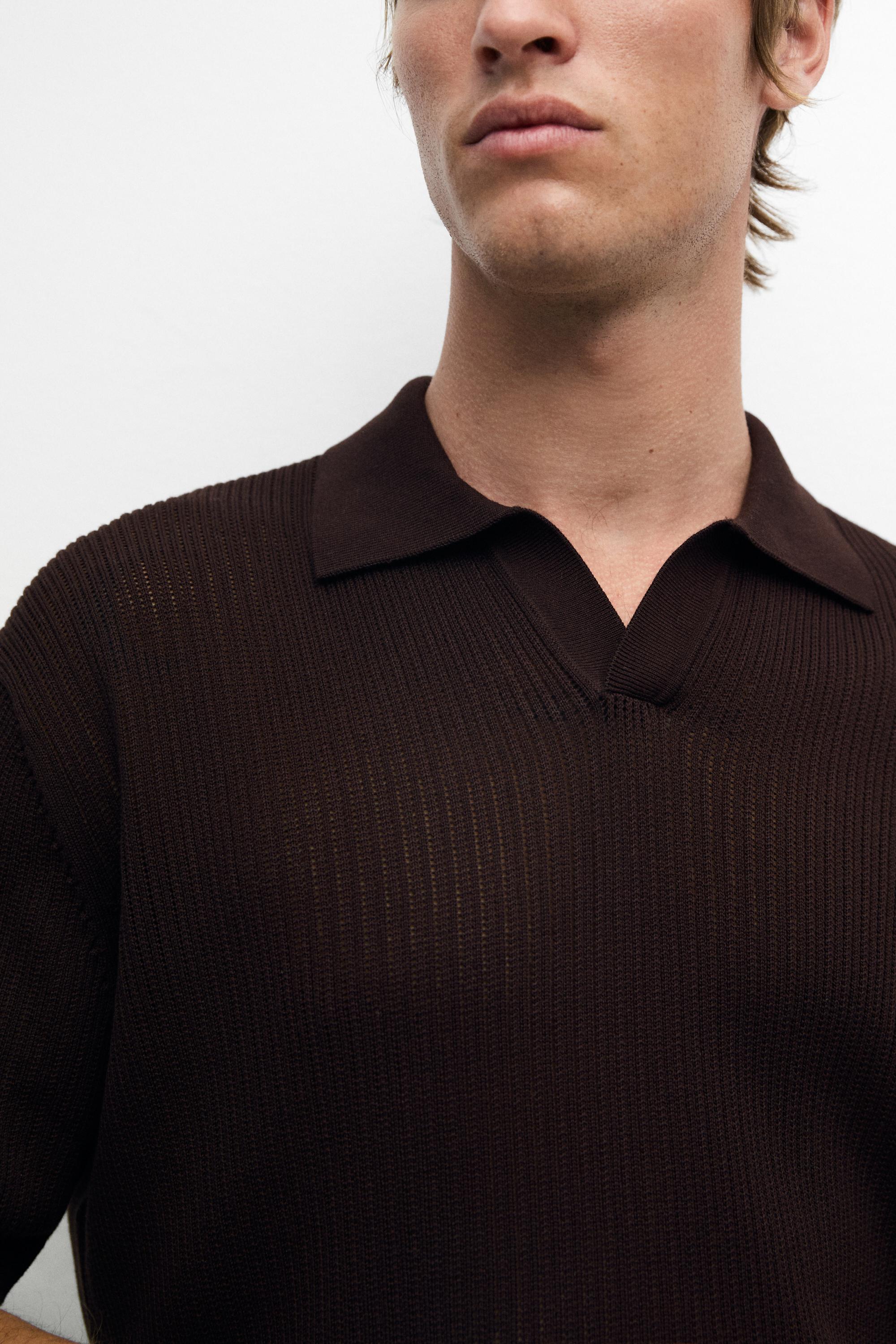Cotton-blend V-neck knit polo shirt — BURGUNDY