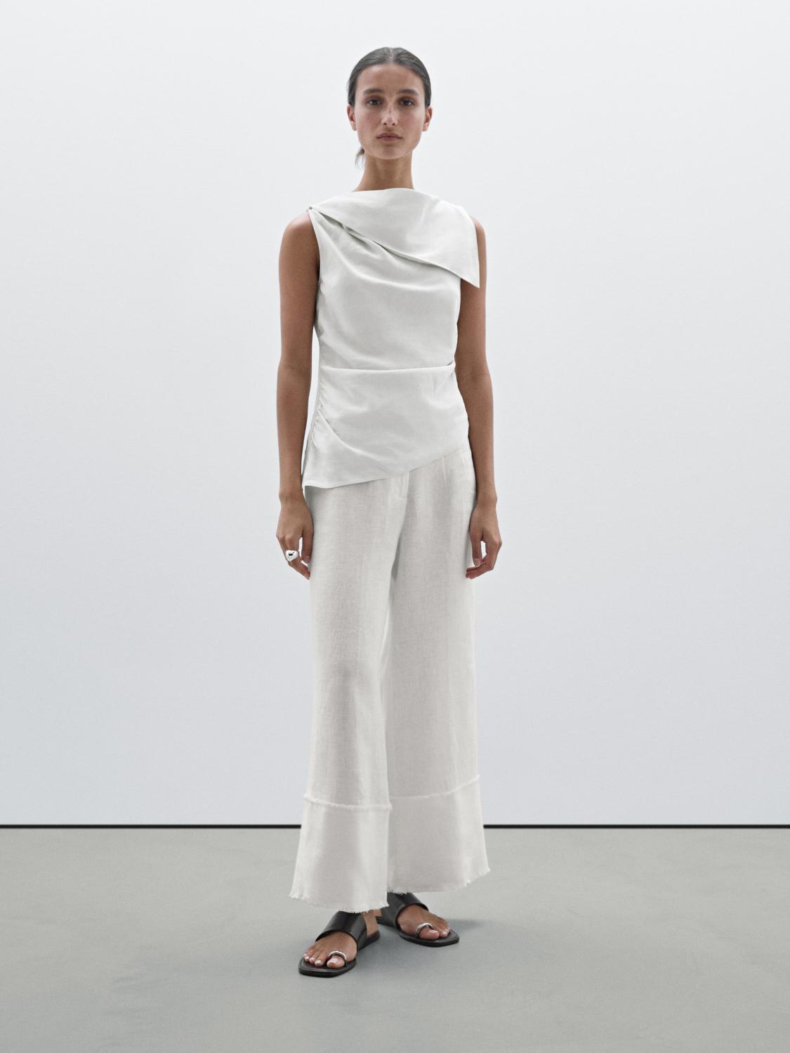 100% linen straight-leg frayed trousers