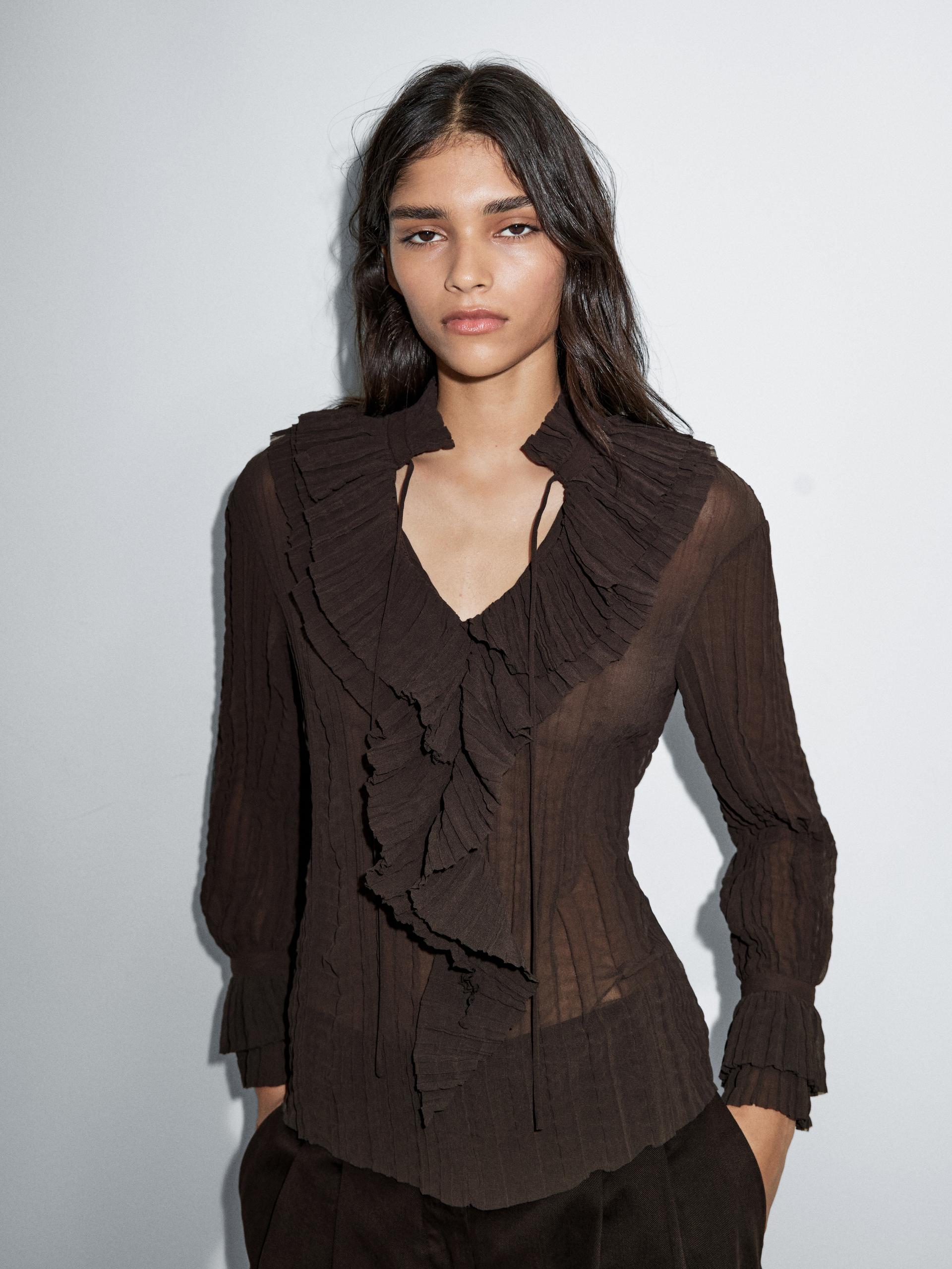Camisa Plisada Detalle Volantes - Marrón - M - Massimo Dutti - Mujer
