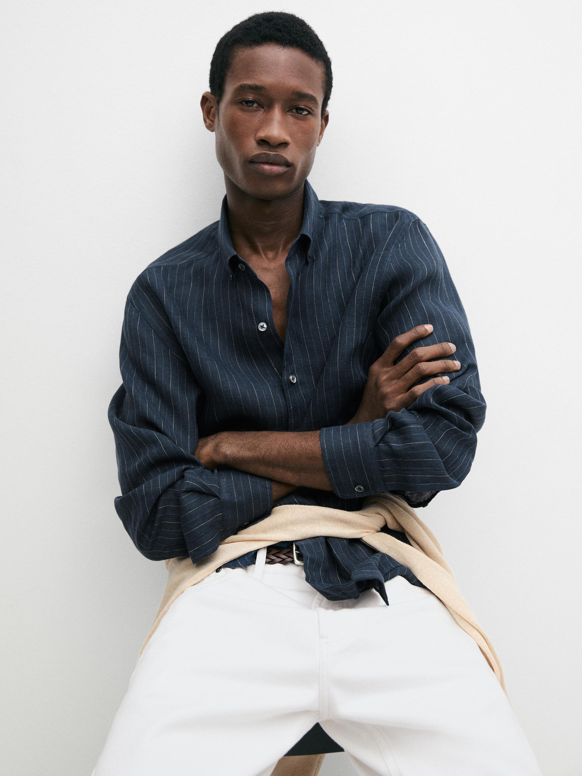 100% linen regular fit striped shirt — NAVY BLUE