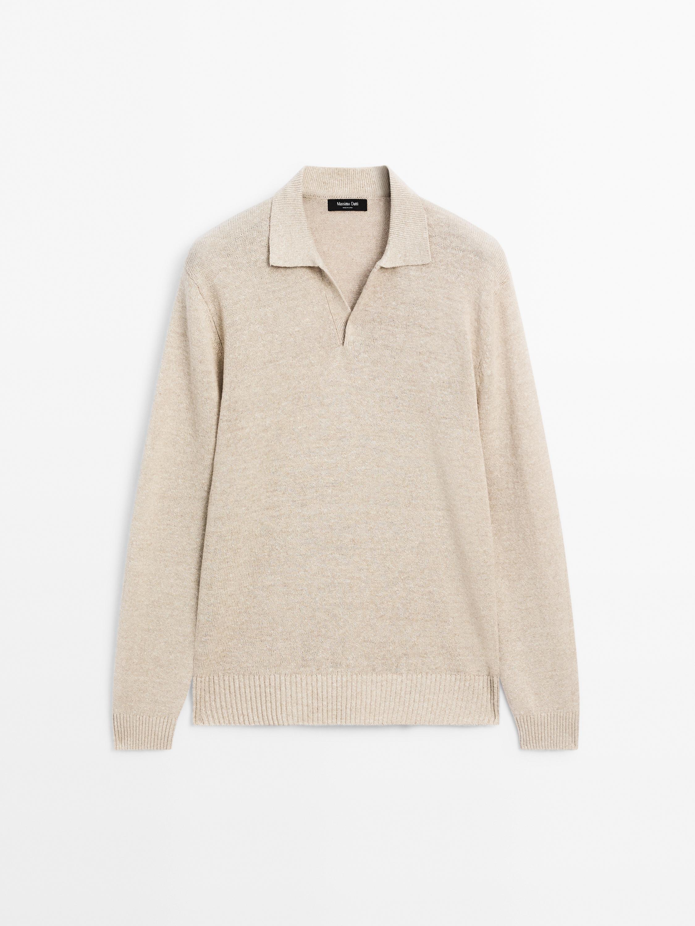 Linen blend melange knit polo sweater