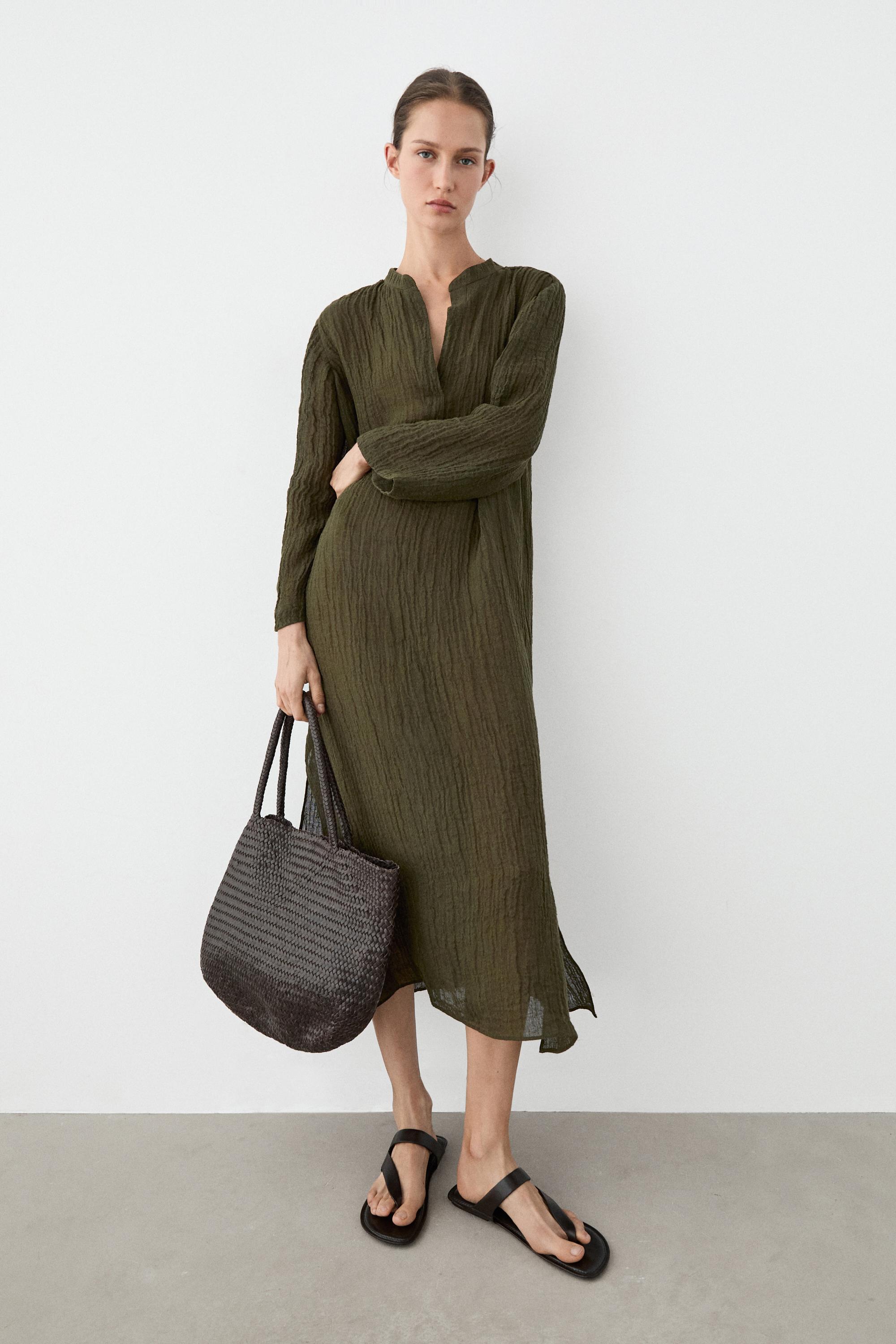 Linen blend waffle-knit shirt dress — GREEN