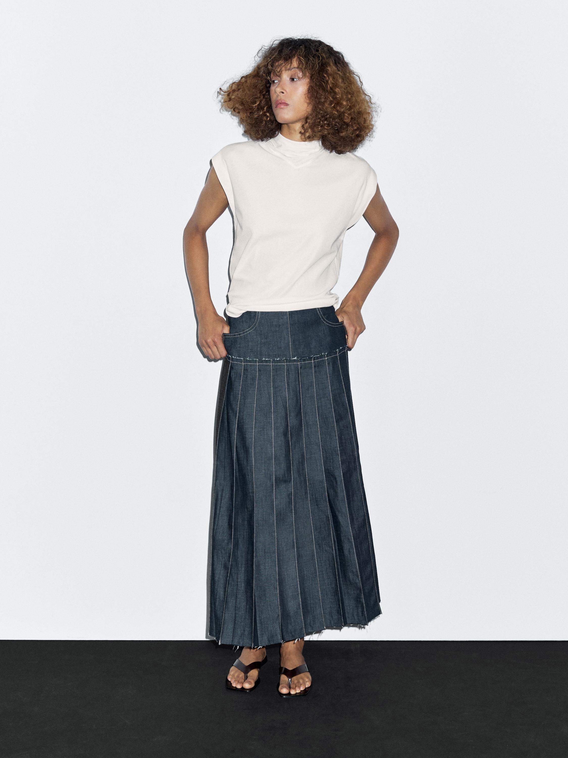 Denim midi skirt with box pleats