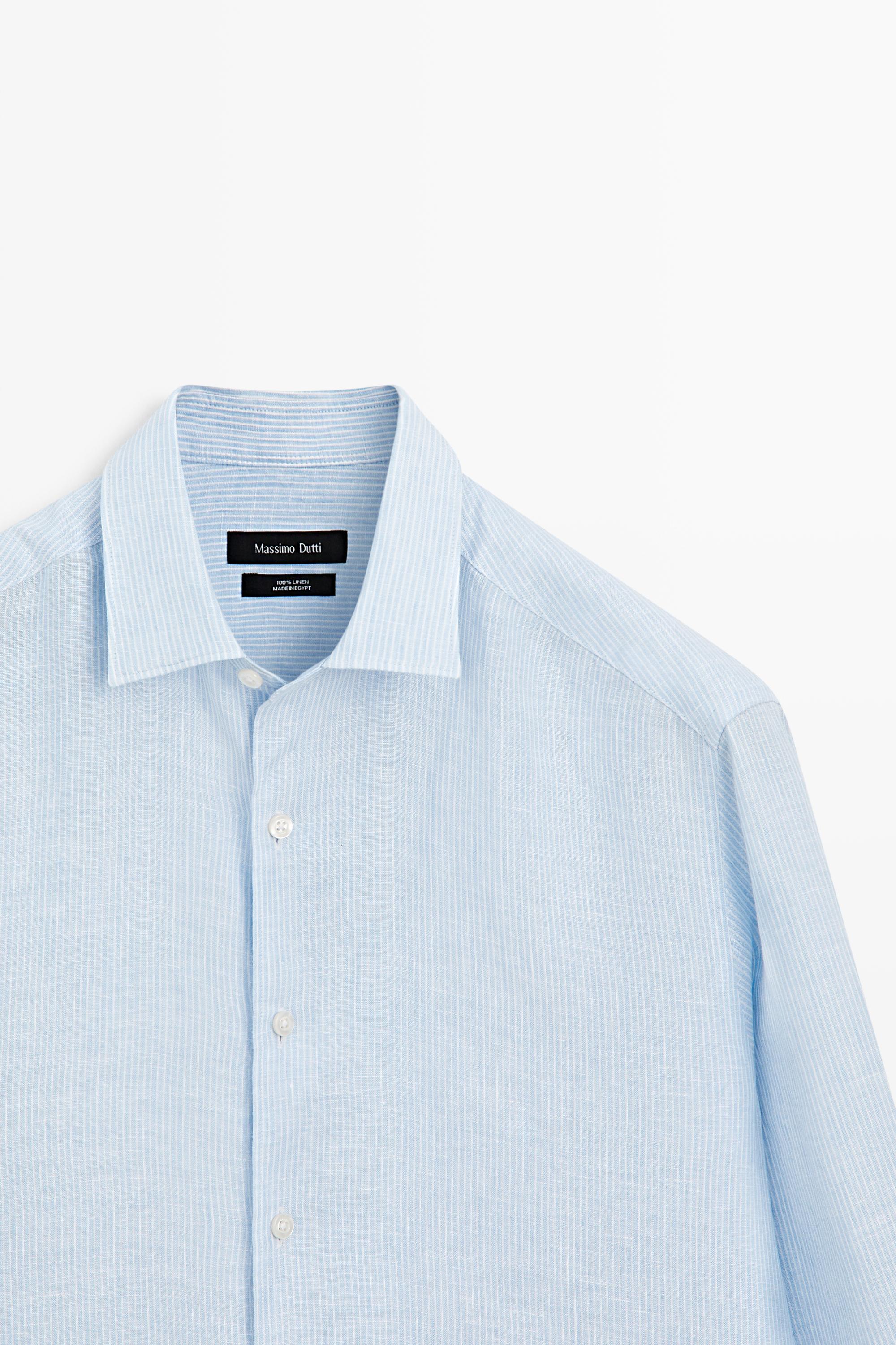 Regular fit striped melange linen shirt — SKY BLUE
