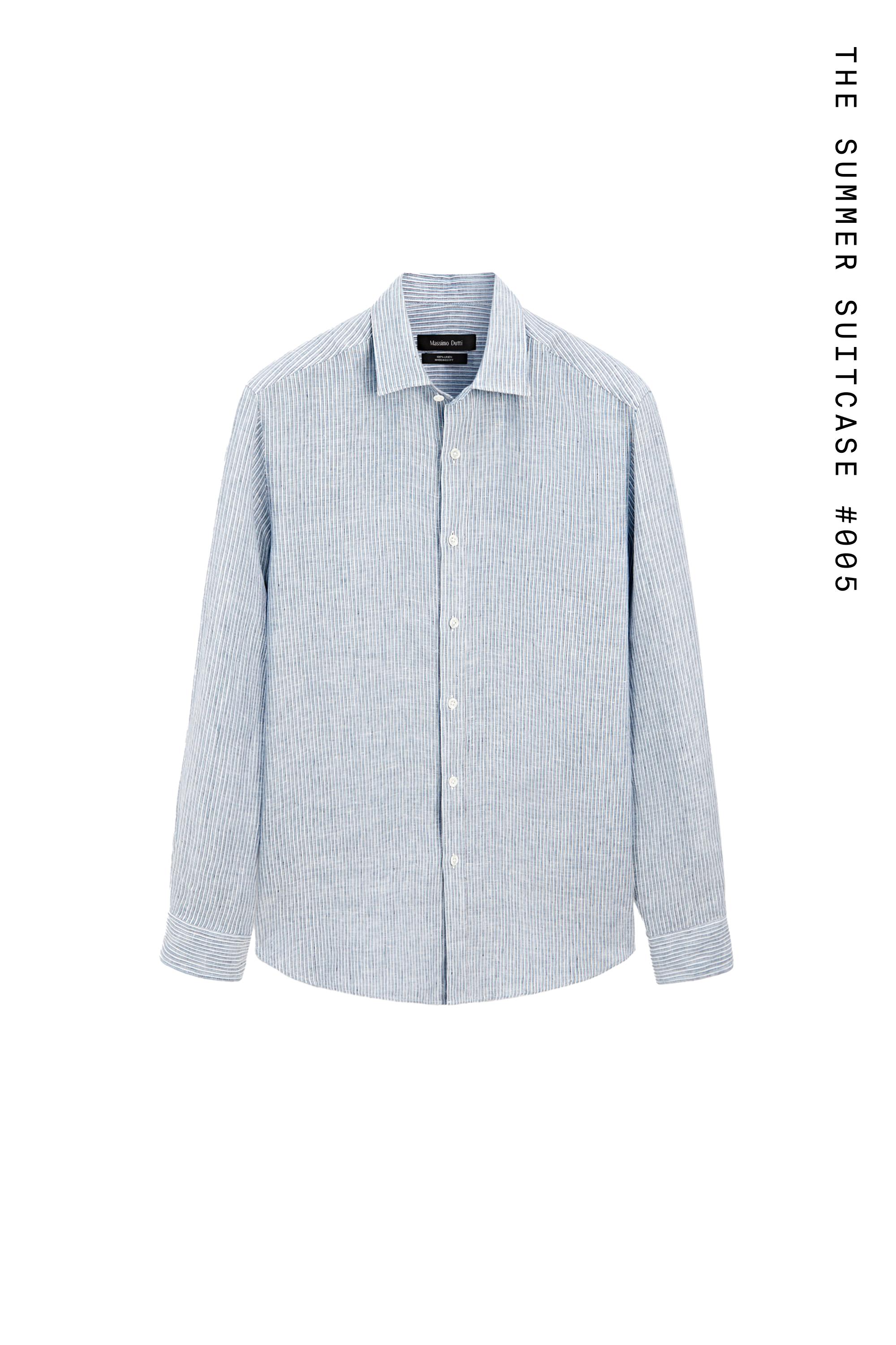100% linen regular fit striped shirt — BLUE
