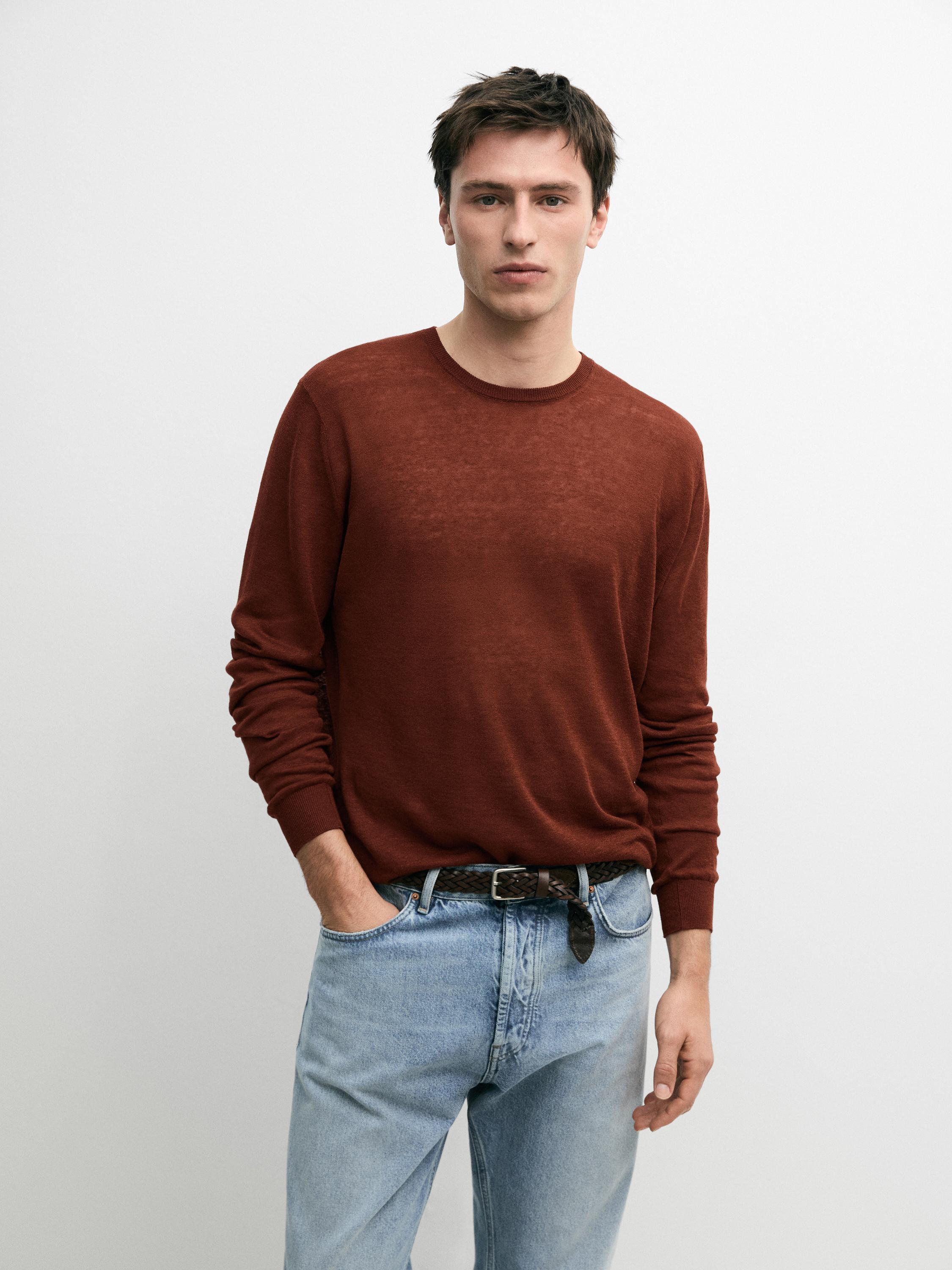 Linen and cashmere knit crew neck sweater — RED