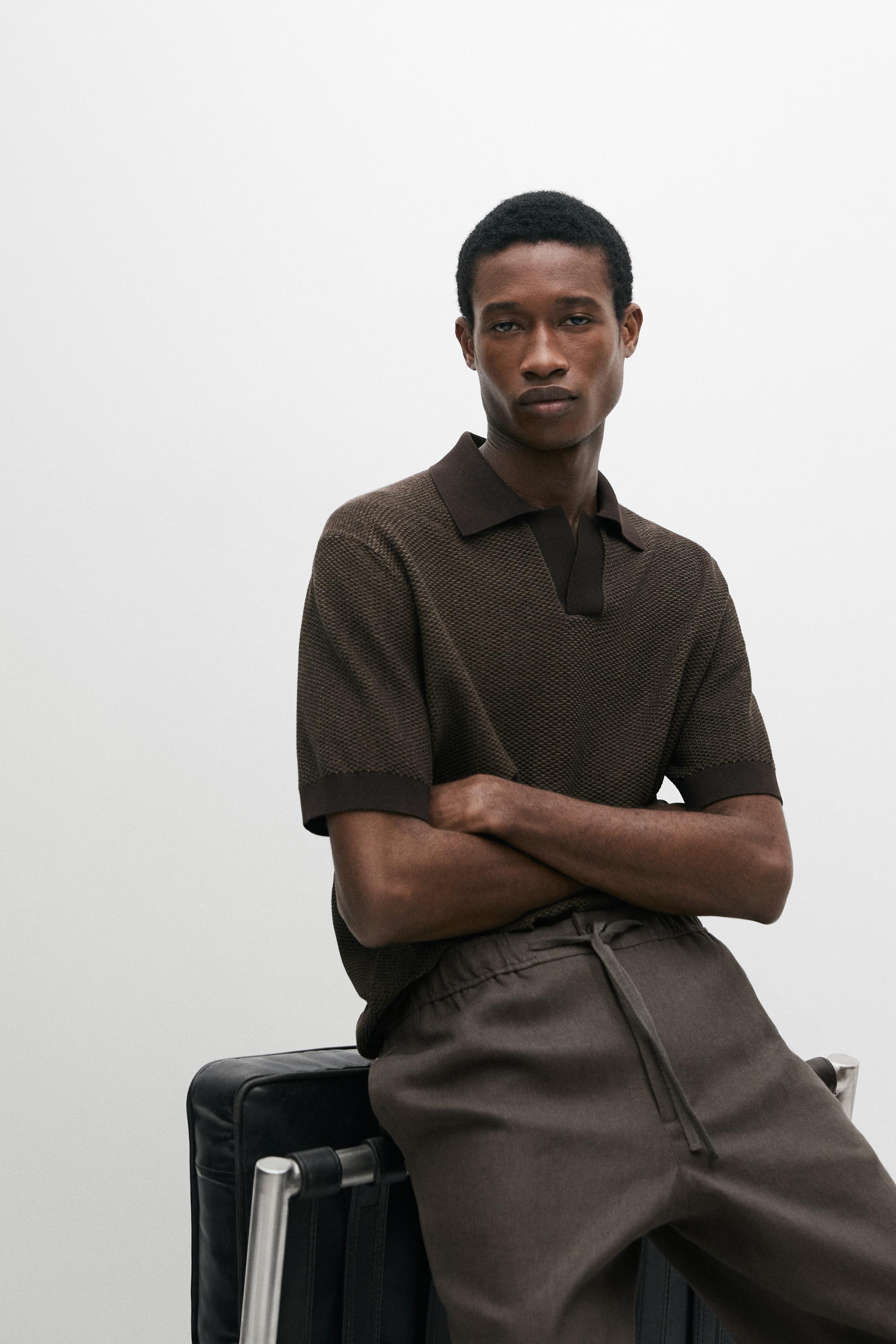 100% cotton textured knit polo sweater — BROWN MARL