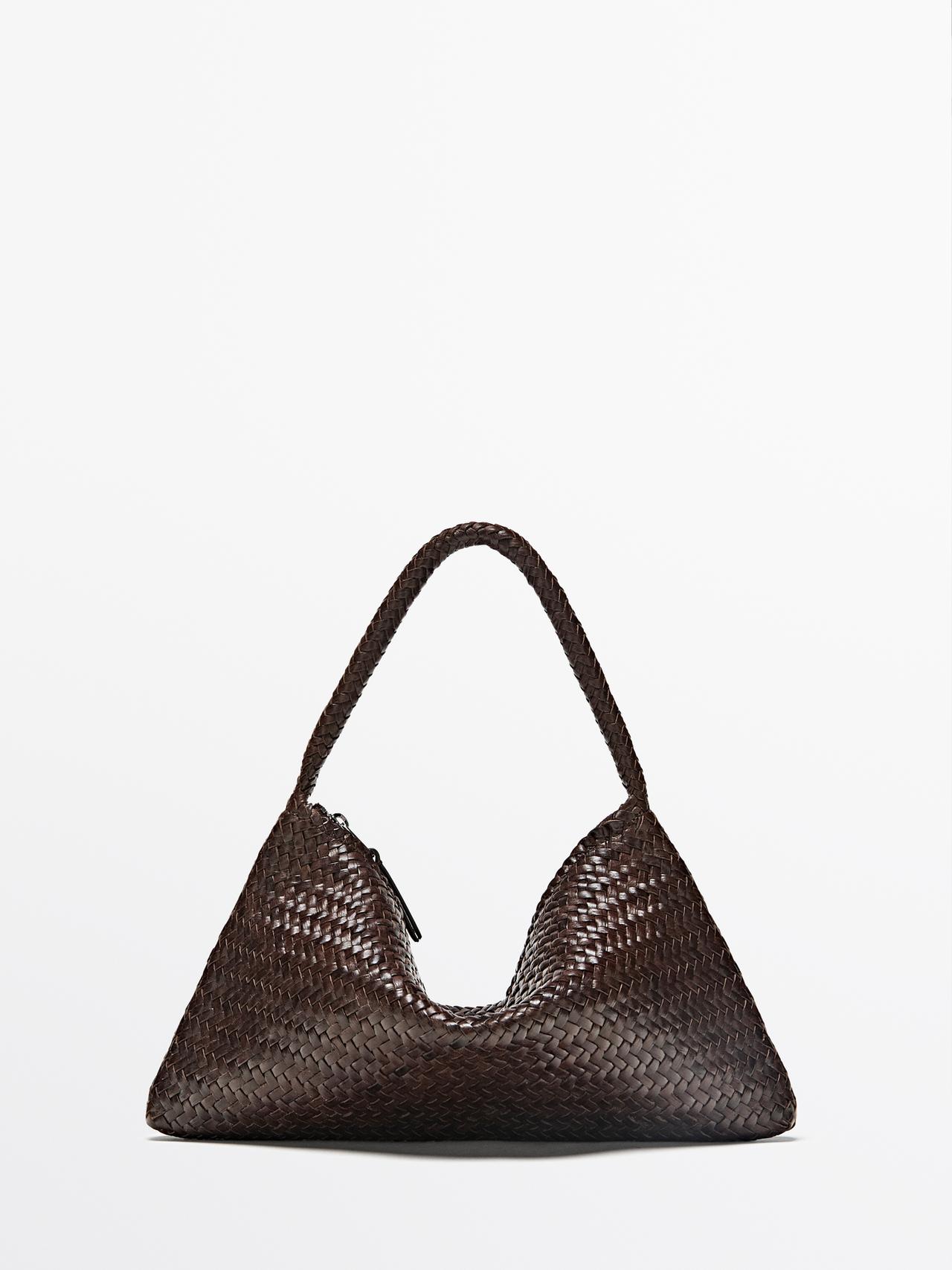 Massimo Dutti - Dames - Kleine Gevlochten Leren Schoudertas - Bruin - 01