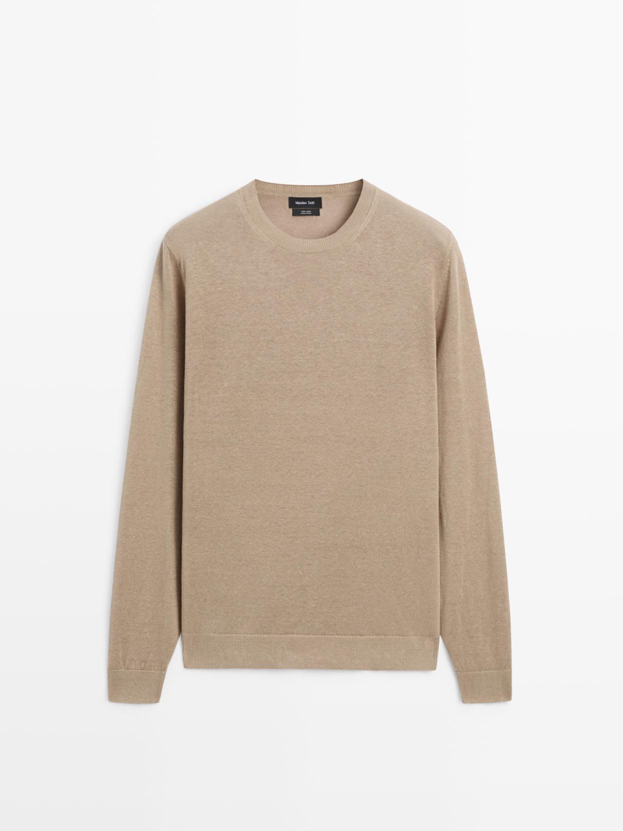 Massimo Dutti - Herre - Strikket Trøje I 100 % Hør Med Rund Hals - Sandfarvet Beige - Xl