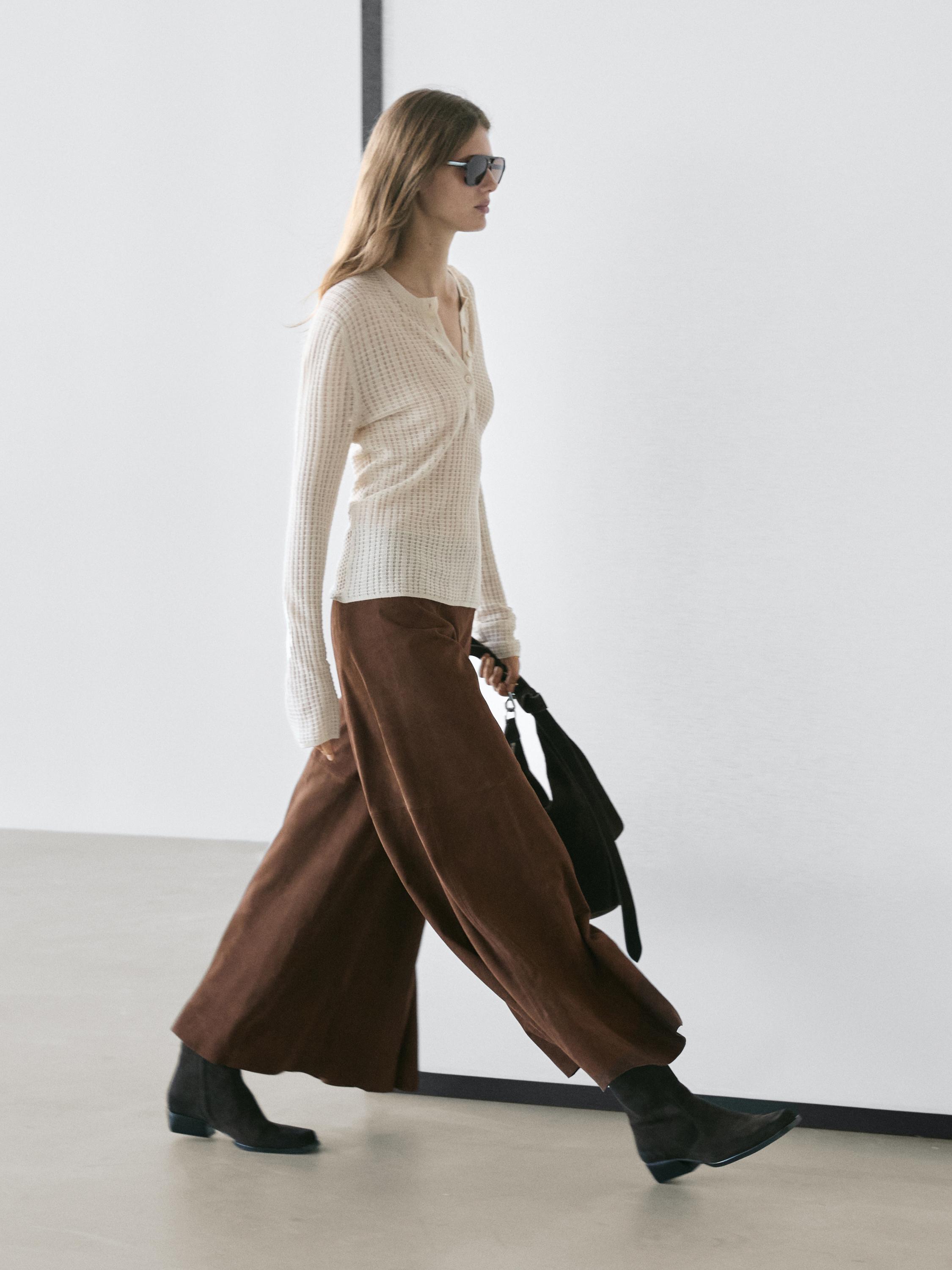 Suede leather flared trousers — BROWN