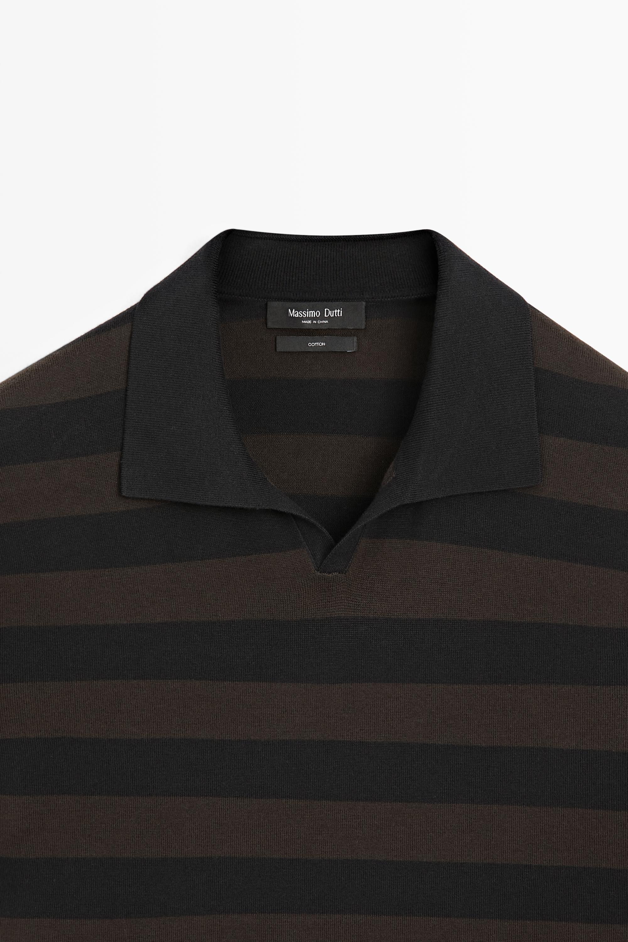 100% cotton striped knit polo shirt — BROWN MARL