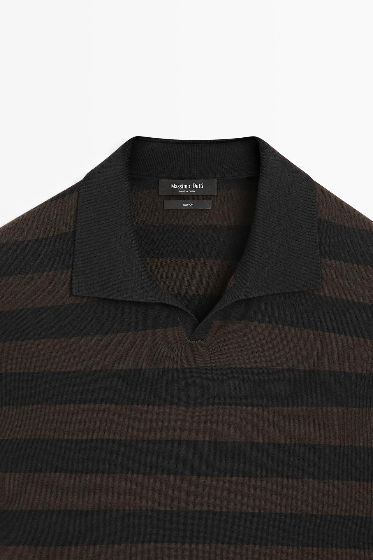 100% cotton striped knit polo shirt — BROWN MARL