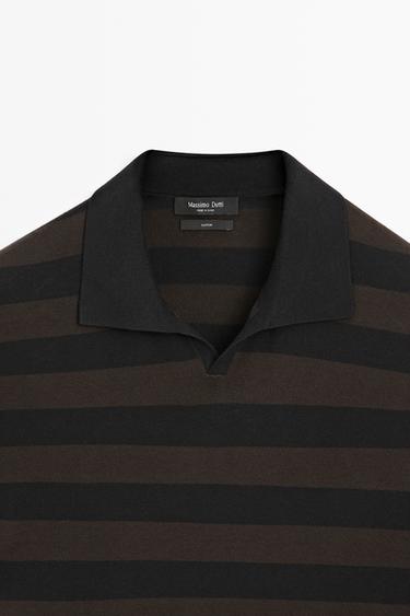 100% cotton striped knit polo shirt — BROWN MARL 8