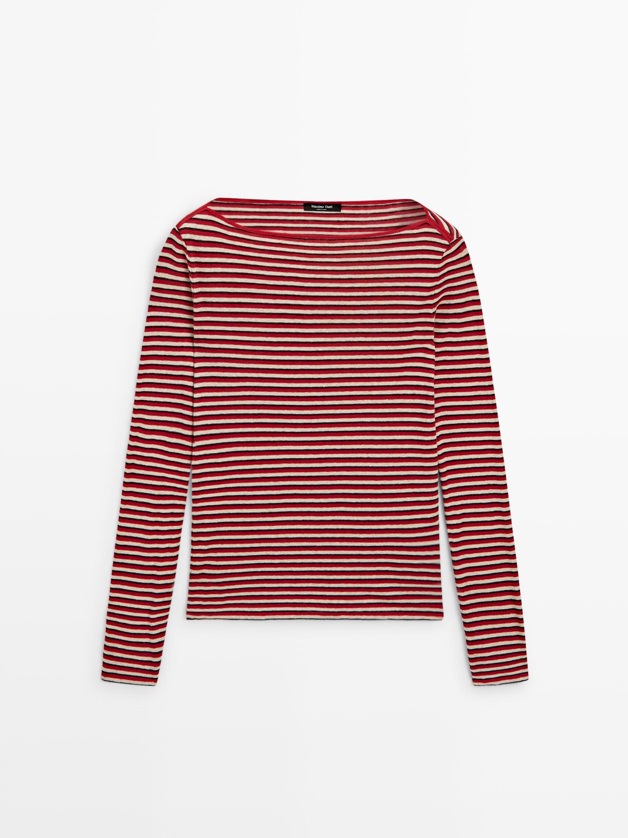 Massimo Dutti - Dame - Stribet T-Shirt Med Lange Ærmer - Rød - Xs