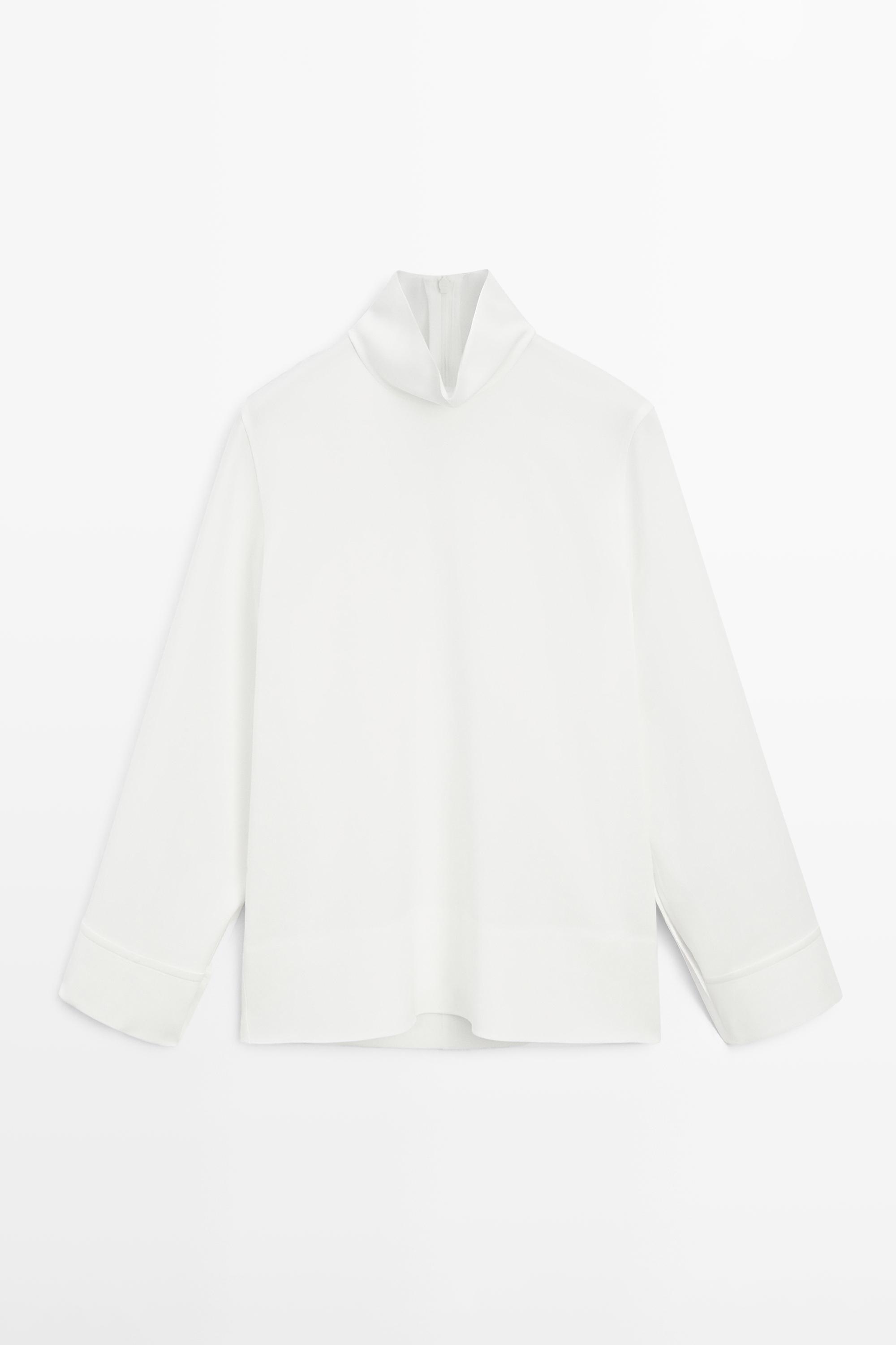 High neck blouse with hem detail — WHITE
