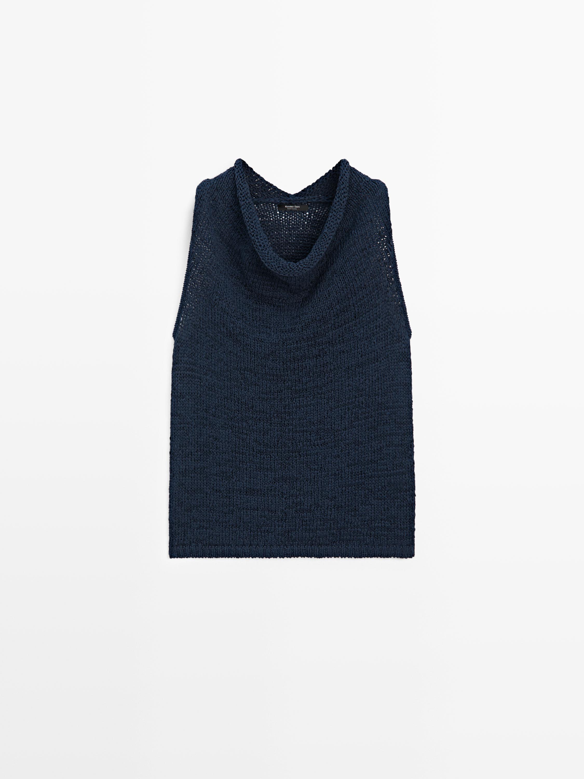 Knit top with draped neckline — Dark Blue