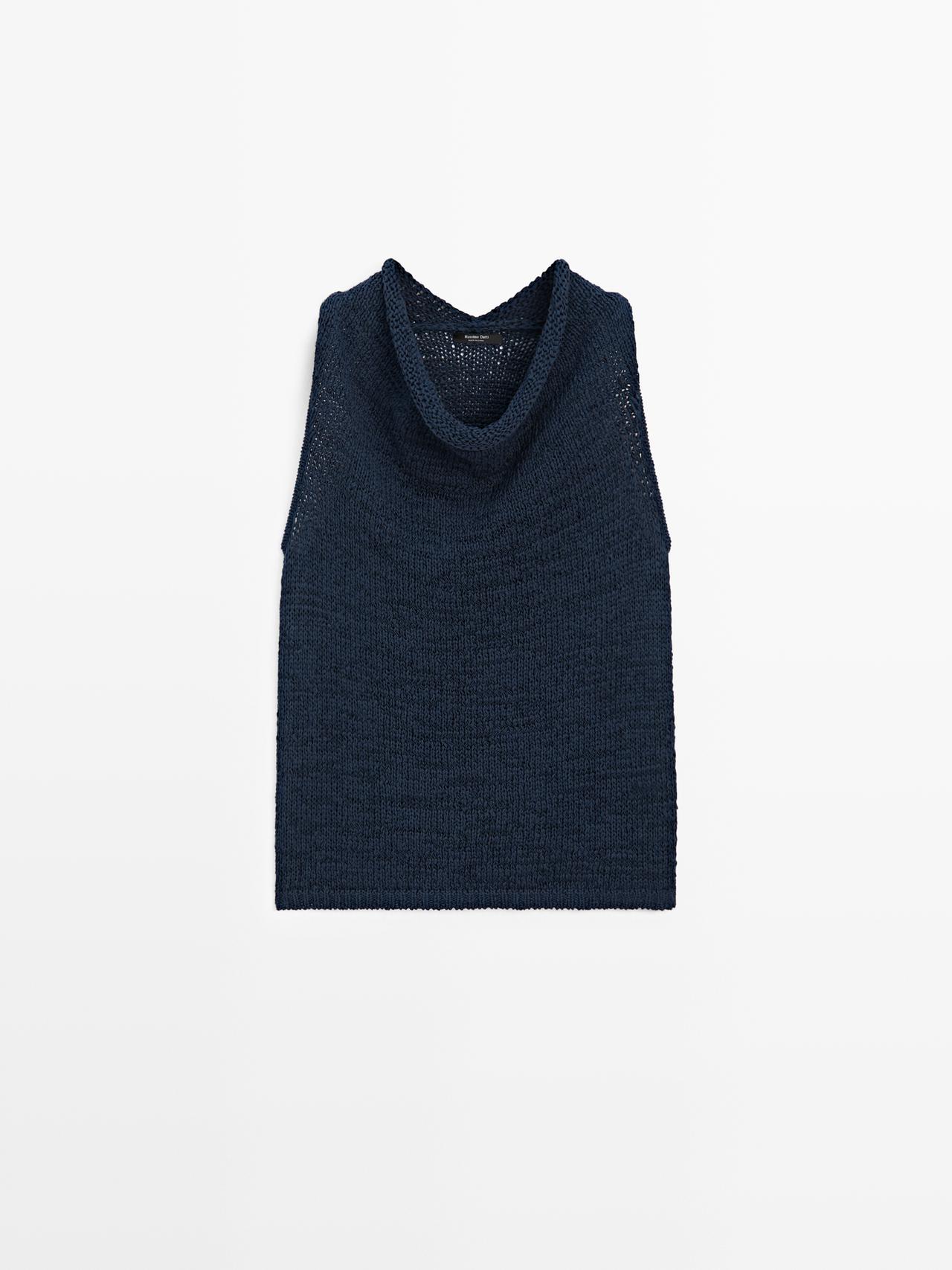 Knit top with draped neckline — Dark Blue