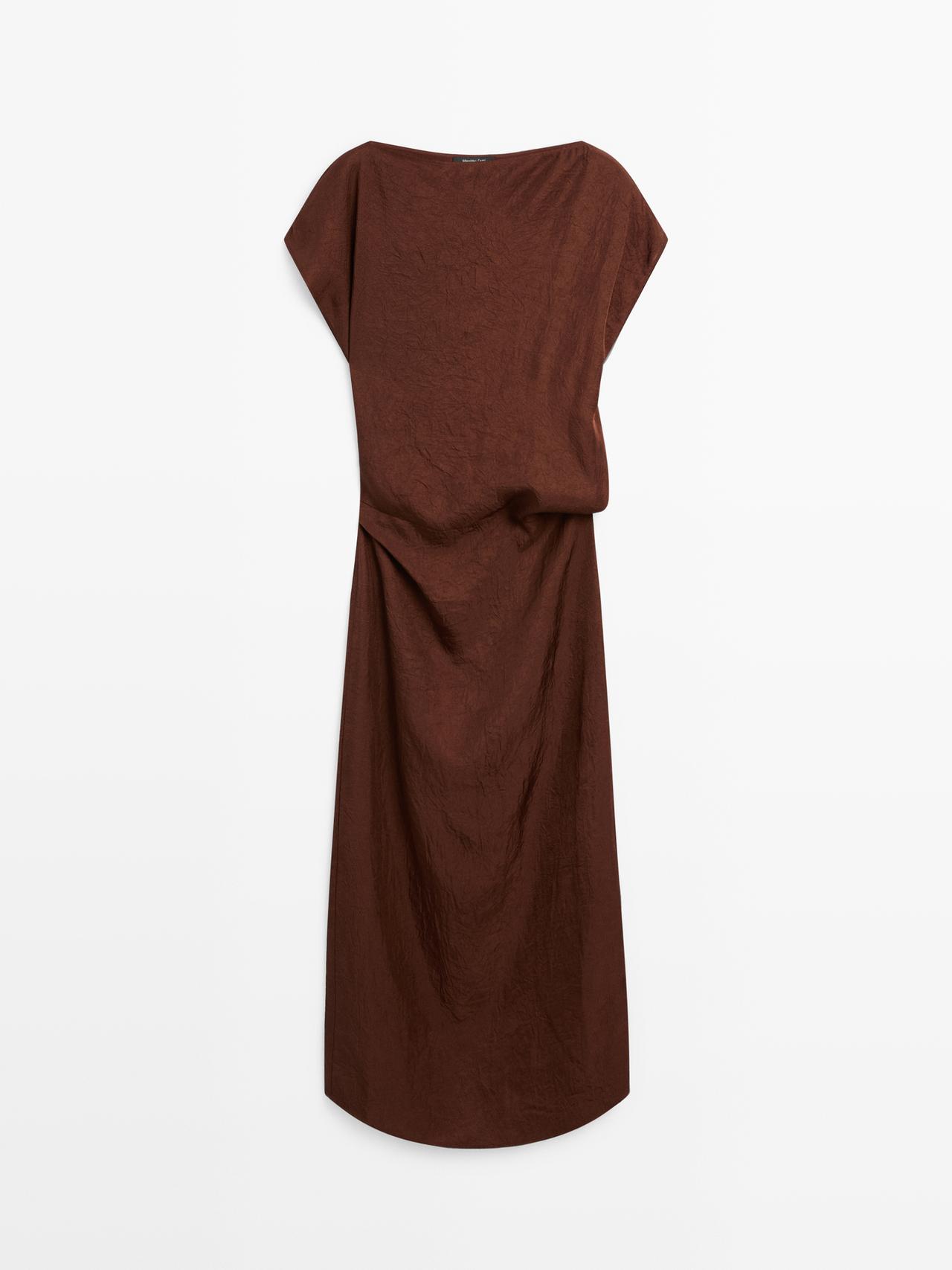 Massimo Dutti - Dames - Lange Jurk Met Geplooide Taille - Bordeaux - 40