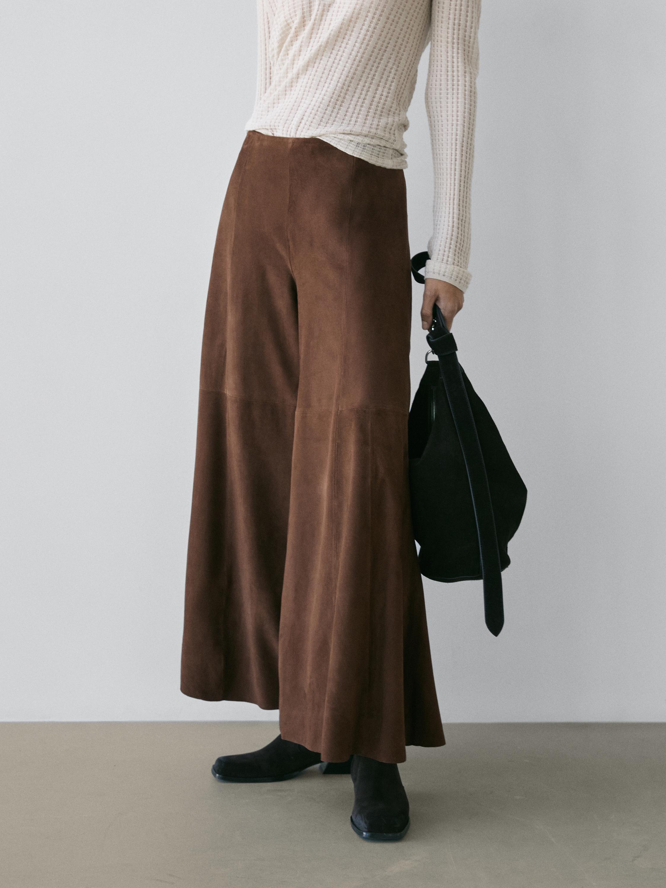 Suede leather flared trousers — BROWN