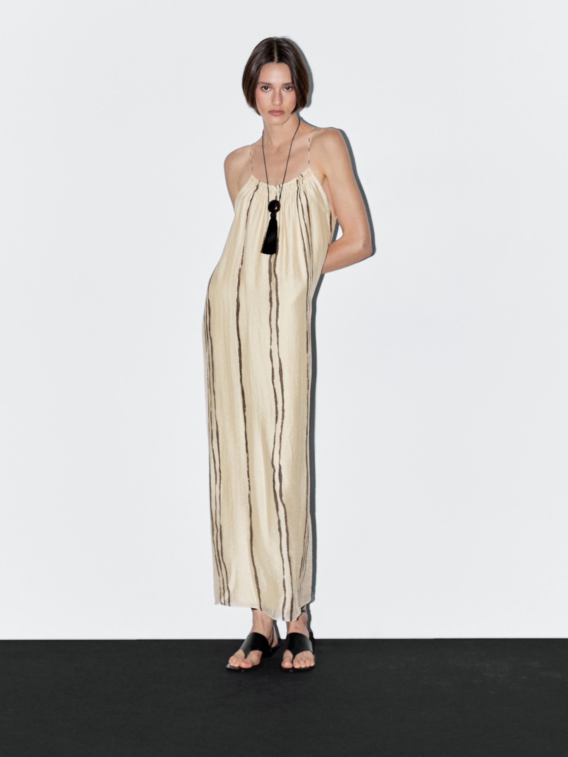 Vestito Midi Morbido Con Stampa A Righe - Ecru - L - Massimo Dutti - Femminile