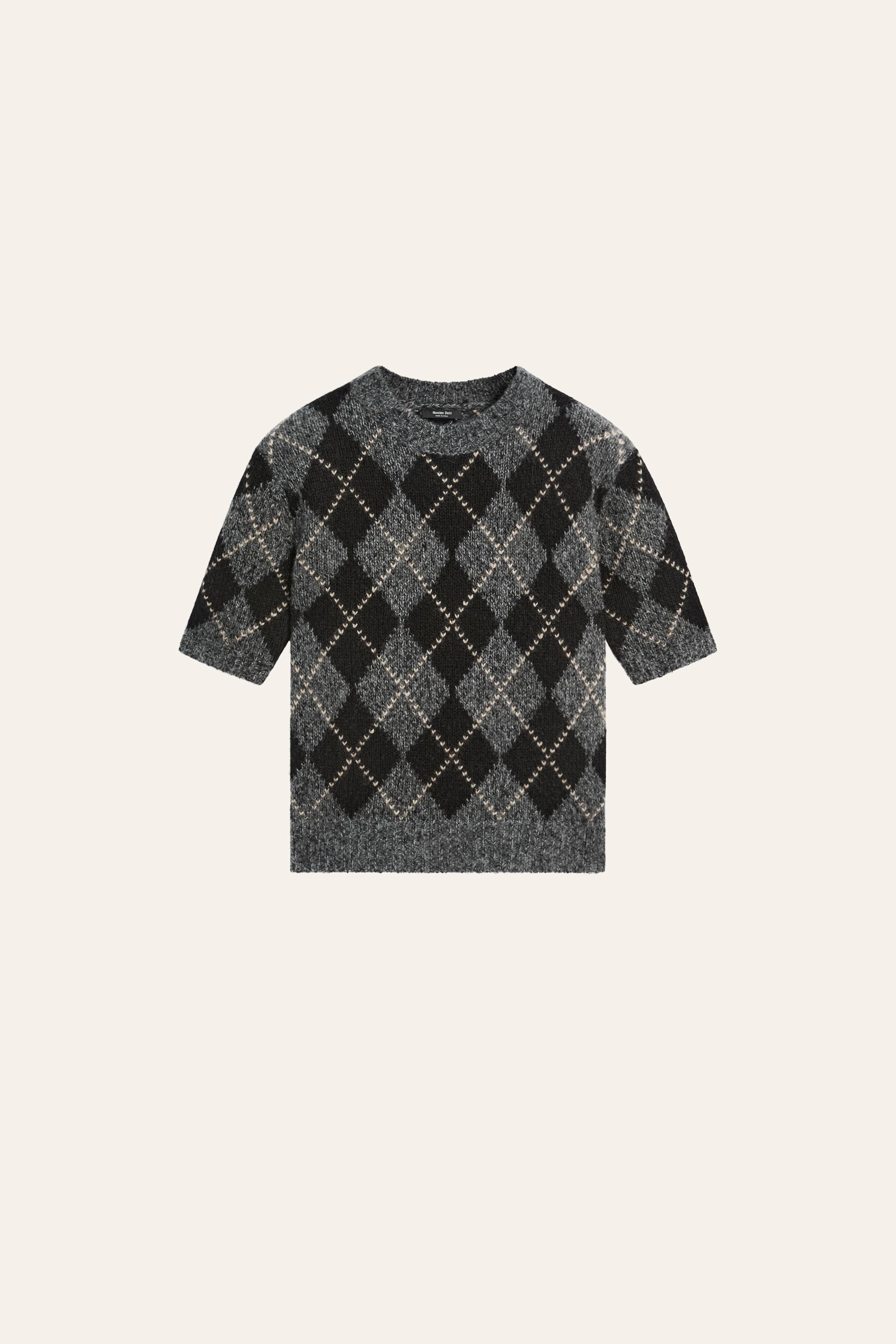 Cashmere-blend short sleeve argyle knit sweater — GREY