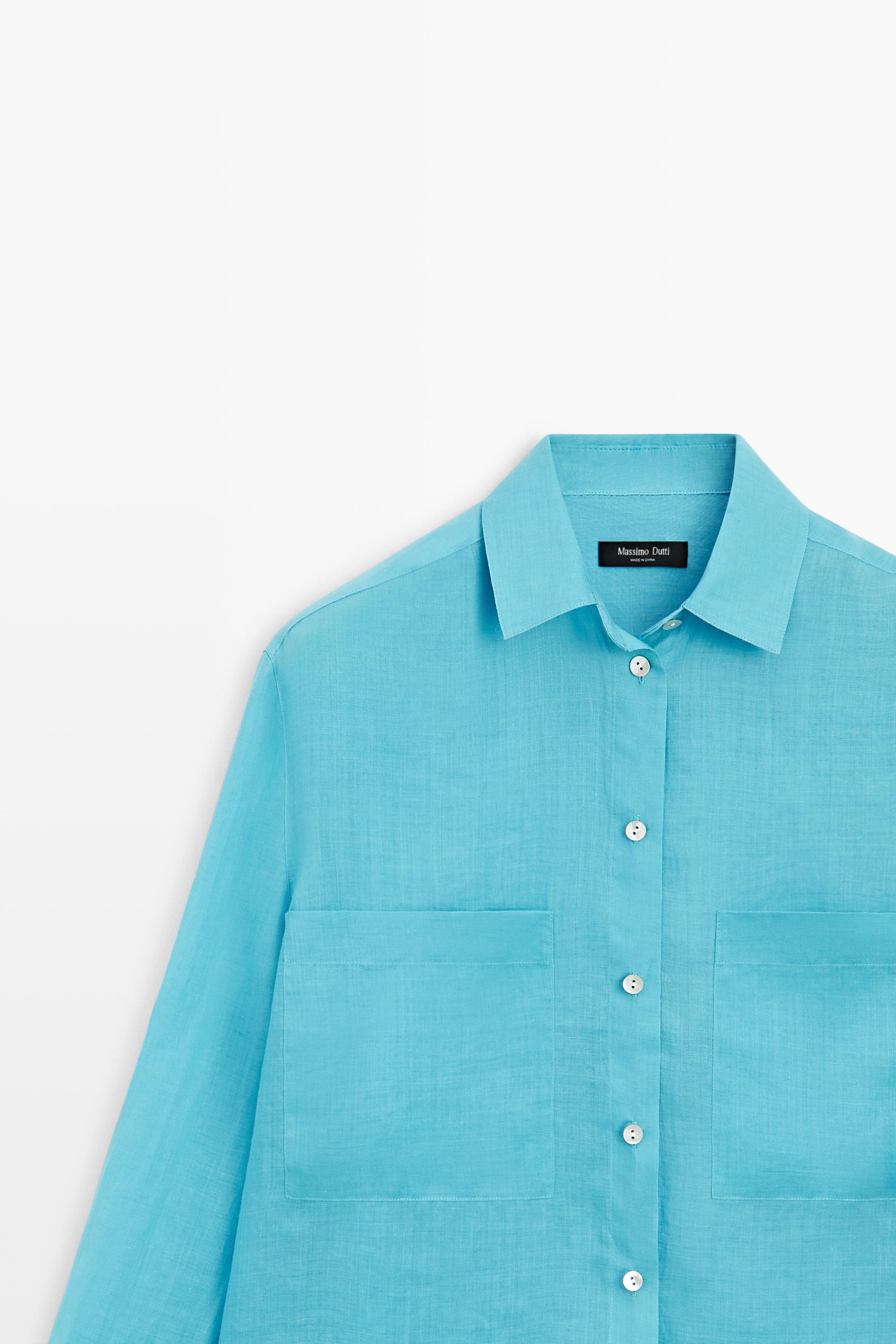 100% ramie flowing pocket shirt — TURQUOISE