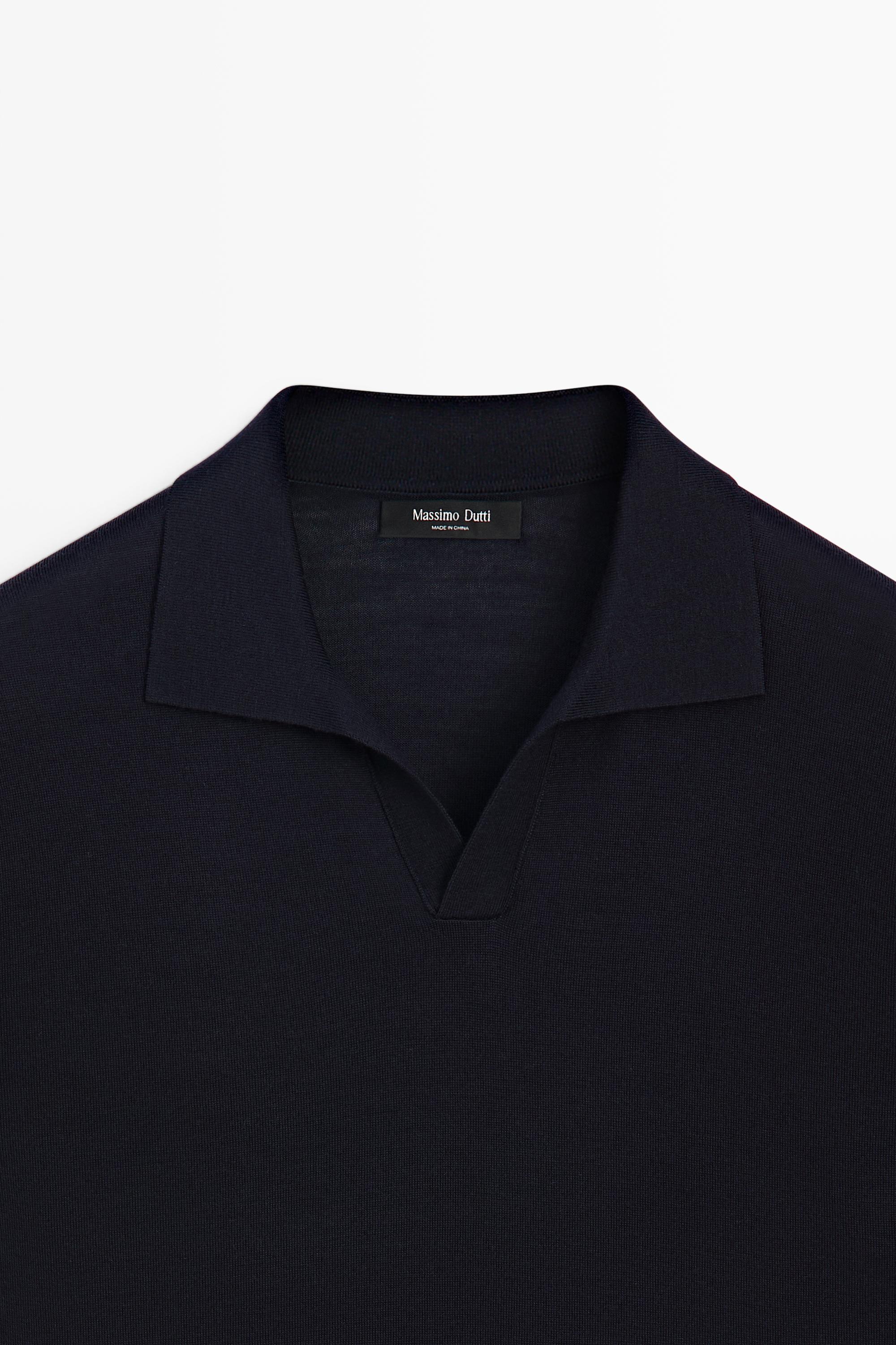 Short sleeve wool blend knit polo shirt — NAVY BLUE