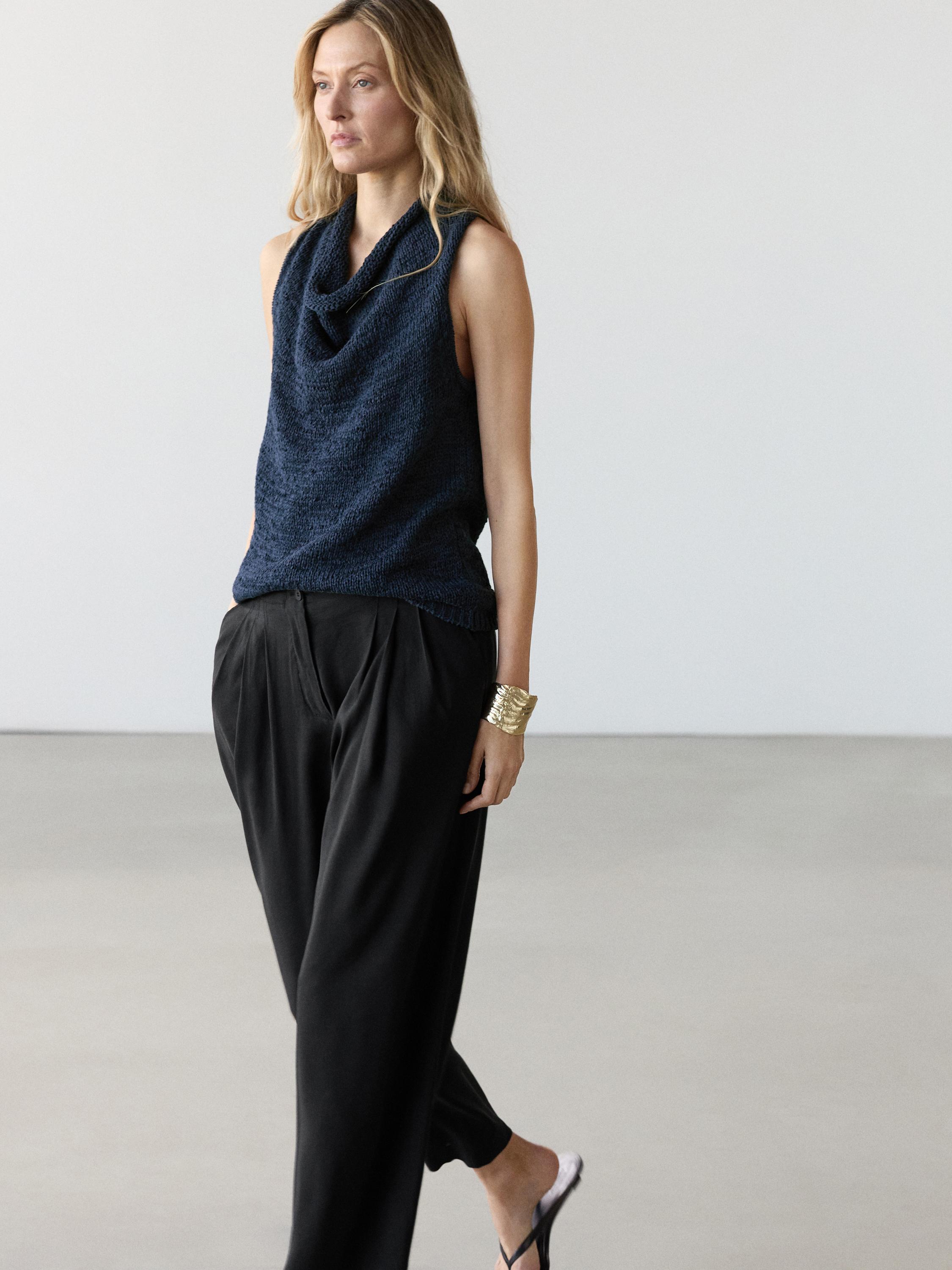 Flowing linen blend trousers — BLACK