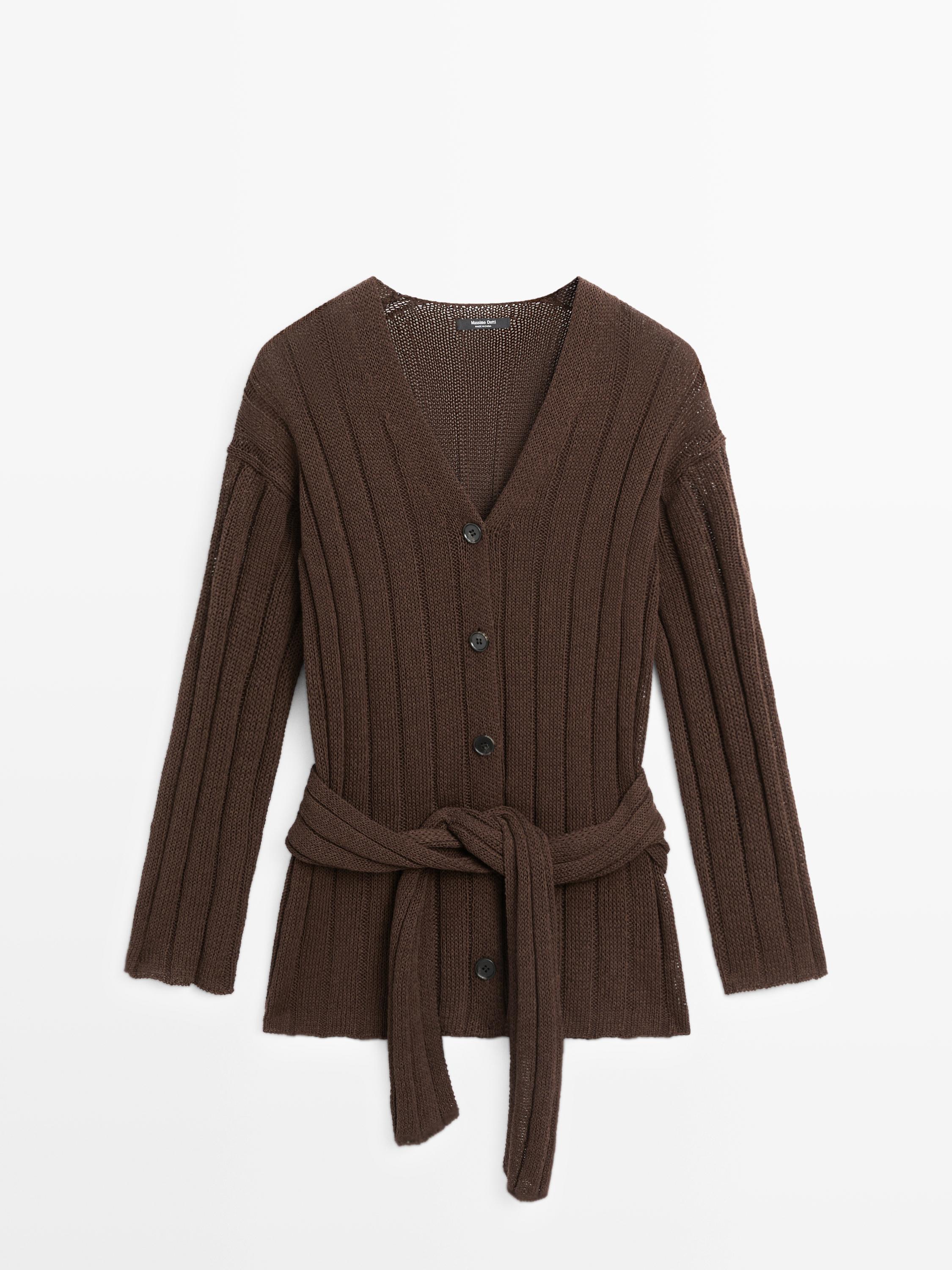 Knit cardigan with waist detail — Chocolate
