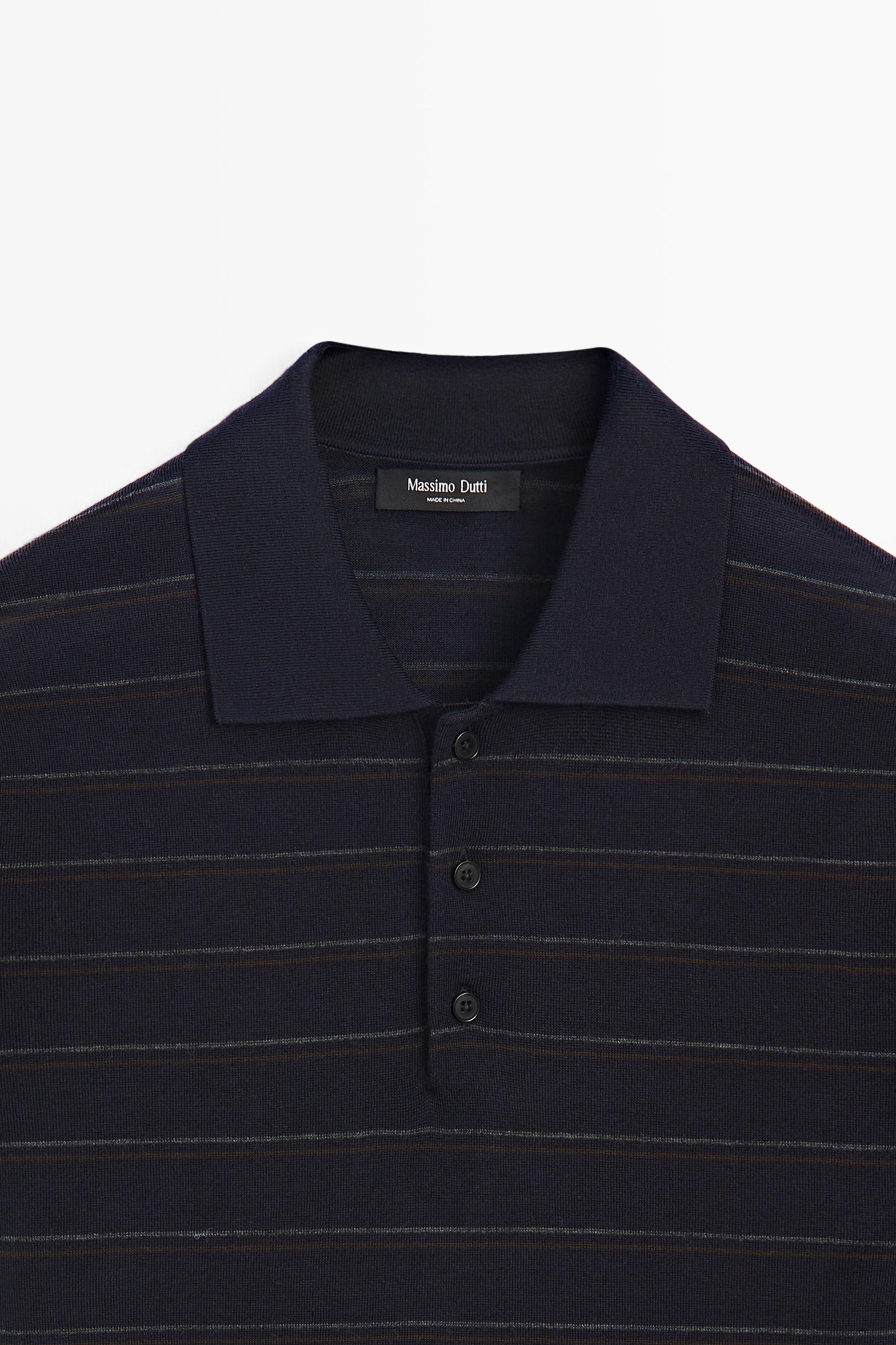 Striped short sleeve knit polo sweater — NAVY BLUE
